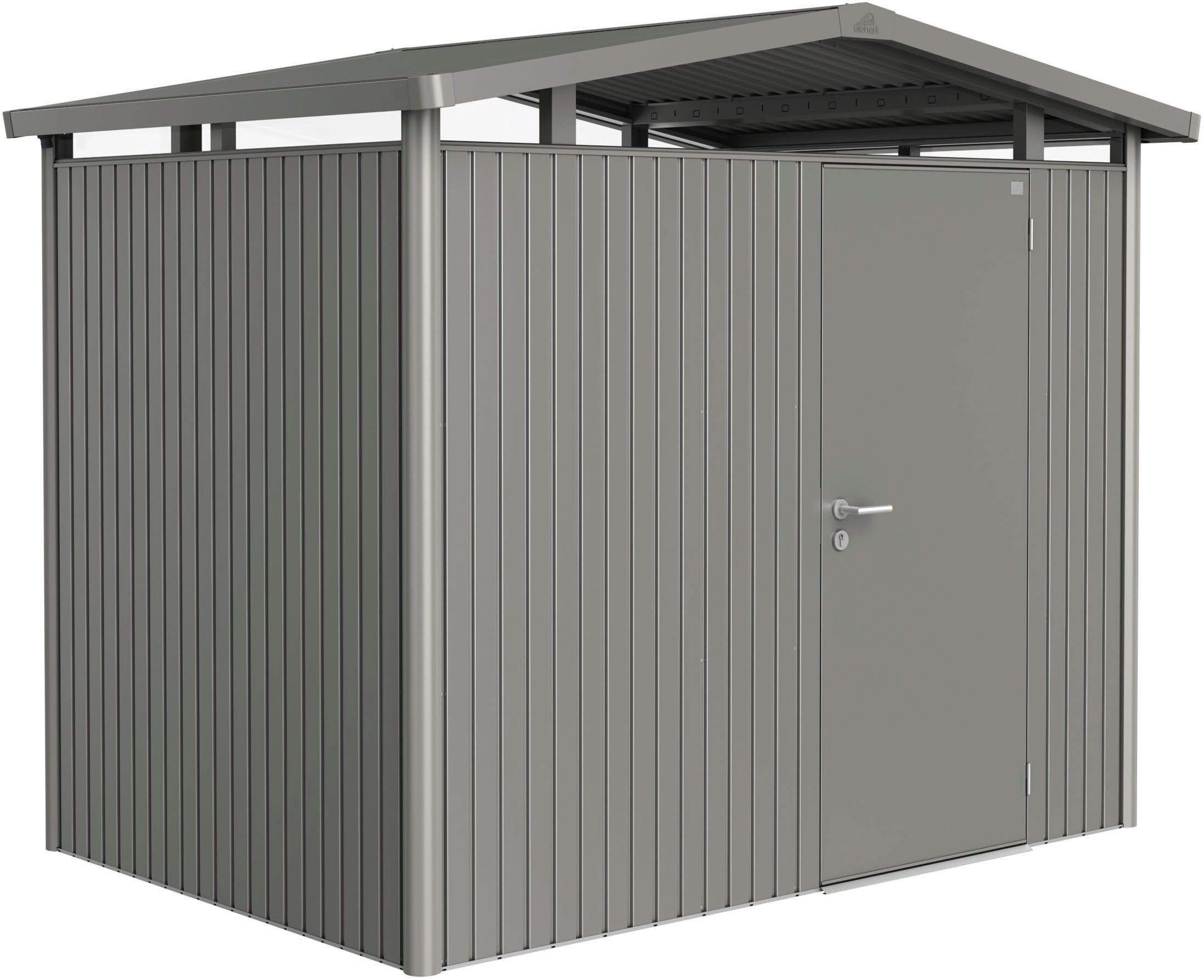 Biohort Gerätehaus PANORAMA Gr. P2 quarzgrau-metallic mit Standardtür, BxT: 273x198 cm, aus Metall mit umlaufendem Acrylglas-Lichtband