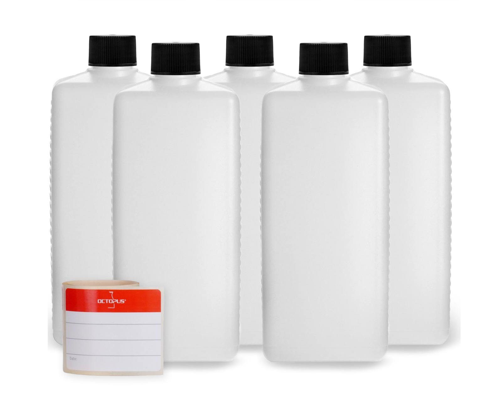 OCTOPUS Kanister 5 Plastikflaschen 500 ml eckig aus HDPE mit schwarzen Schraubverschlüs (5 St)