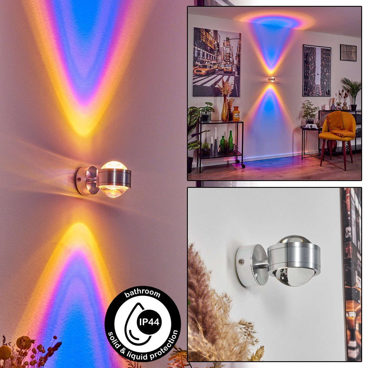 hofstein Wandleuchte »Berga« Wandleuchte, Metall, Aluminiumfarben/Klar + 2 Farbfilter blau, 3000 Kelvin, Wandstrahler mit Up&Down Effekt, 300 Lumen, IP44, Badezimmer geeignet
