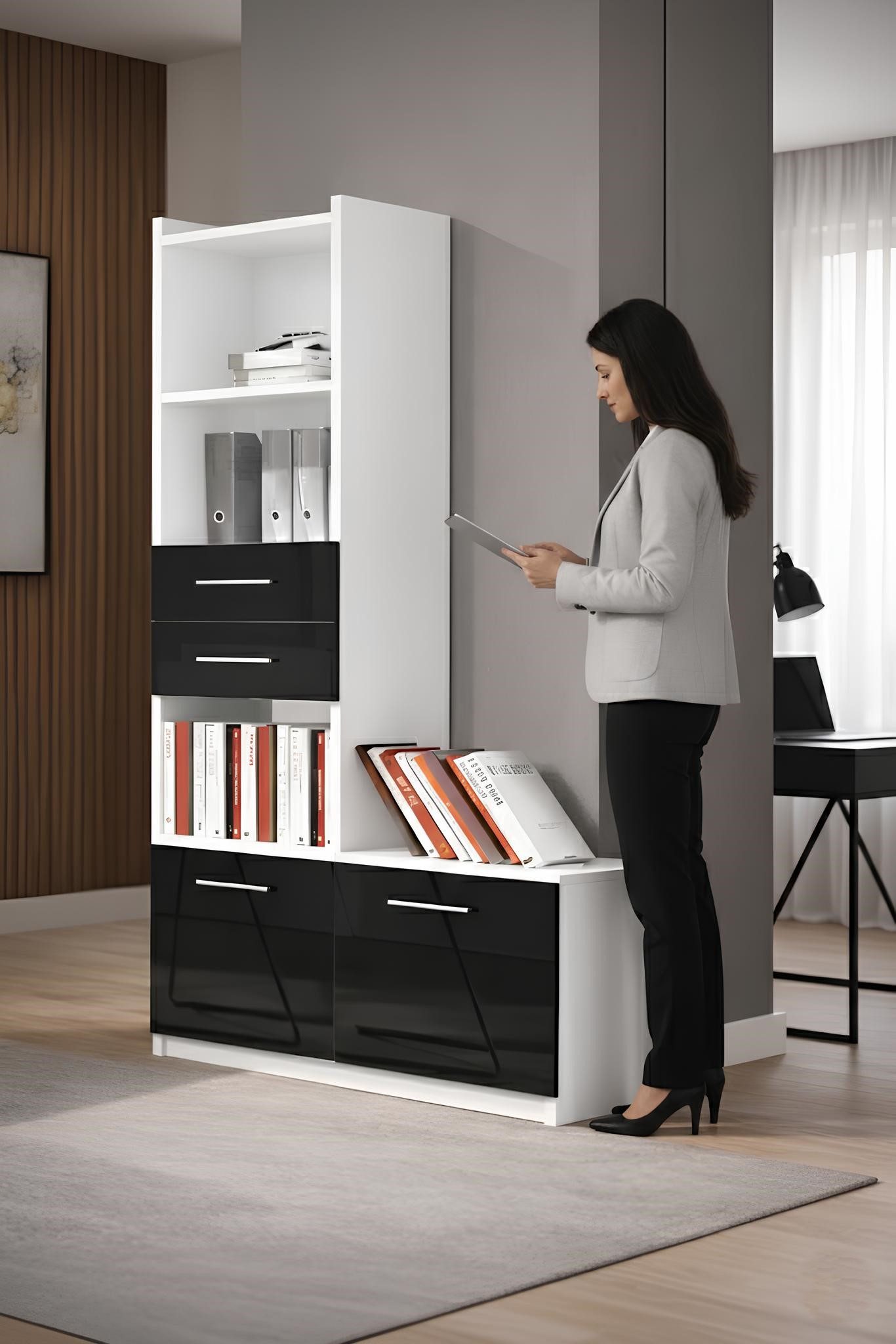 Xlmoebel Bücherregal Design Schrank Hochglanz Regal in Grau Weiß für modernes SOFORT, Hergestellt in Europa