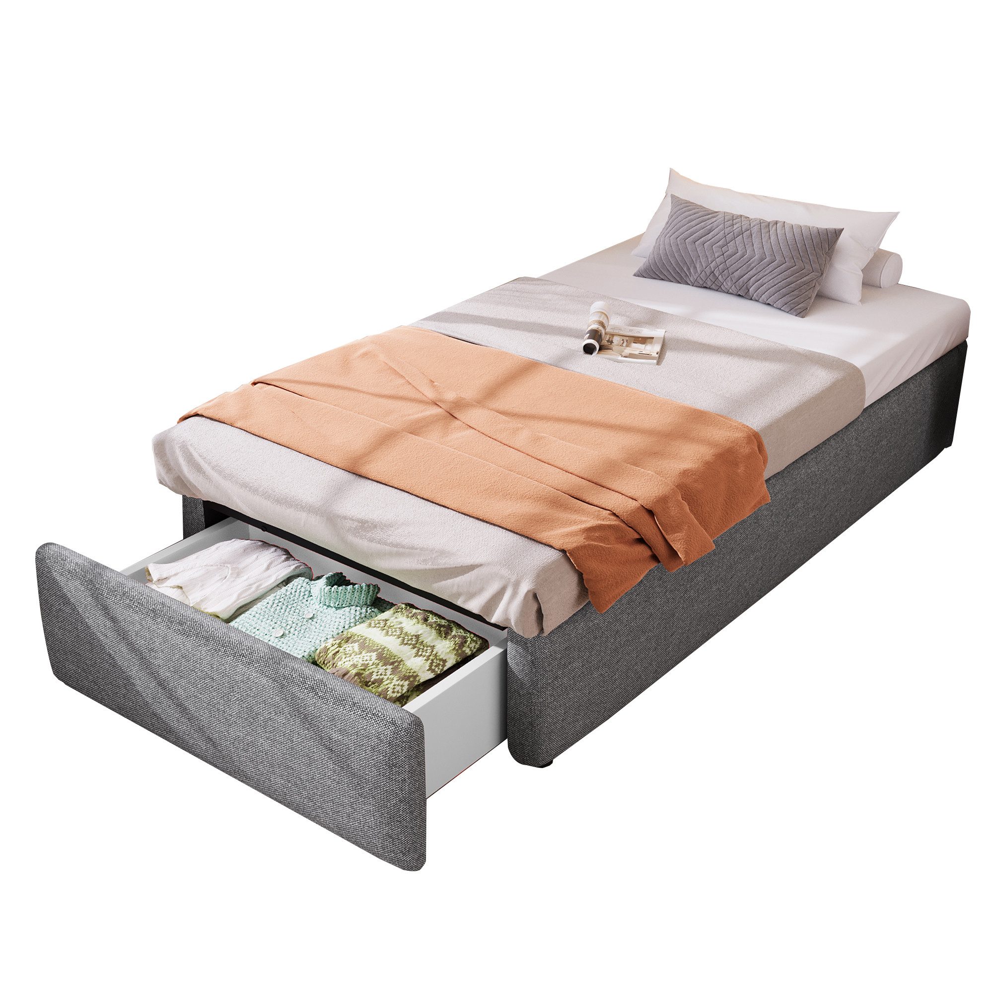 SOFTWEARY Futonbett mit Bettkasten, Lattenrost und Schubladen (90x200 cm), Bezug aus Leinen