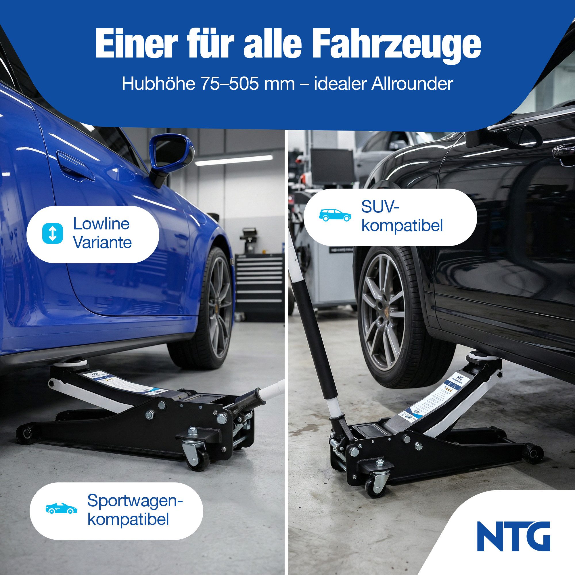 NTG Nutzfahrzeug Technik GmbH Wagenheber 3t Flach 75-505mm Rangierwagenheber TÜV Zertifiziert 29,6 KG, max. Hubhöhe: 50.5 cm, PRO Variante NUR 29,6 KG, 1-tlg., Hydraulisch mit Doppelzylinder, Lowline Wagenheber