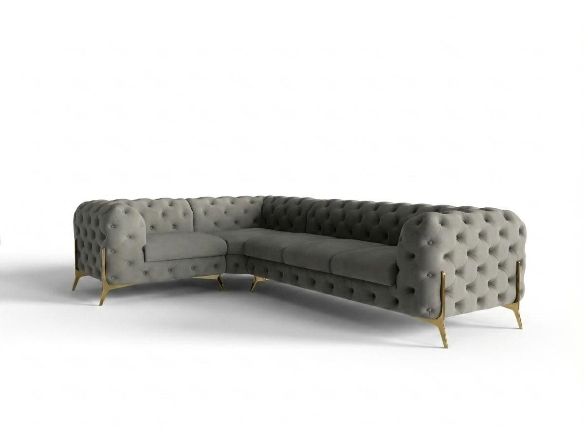 Xlmoebel Ecksofa Graues Chesterfield Ecksofa mit goldenen Beinen und Steppung, 1 Teile, Made in Europa