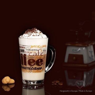 PLATINUX Latte-Macchiato-Glas Kaffeegläser mit Kaffee-Motiv, Glas, mit Kaffeeaufdruck Set 6-Teilig 300ml aus Glas Latte Macchiato Gläser