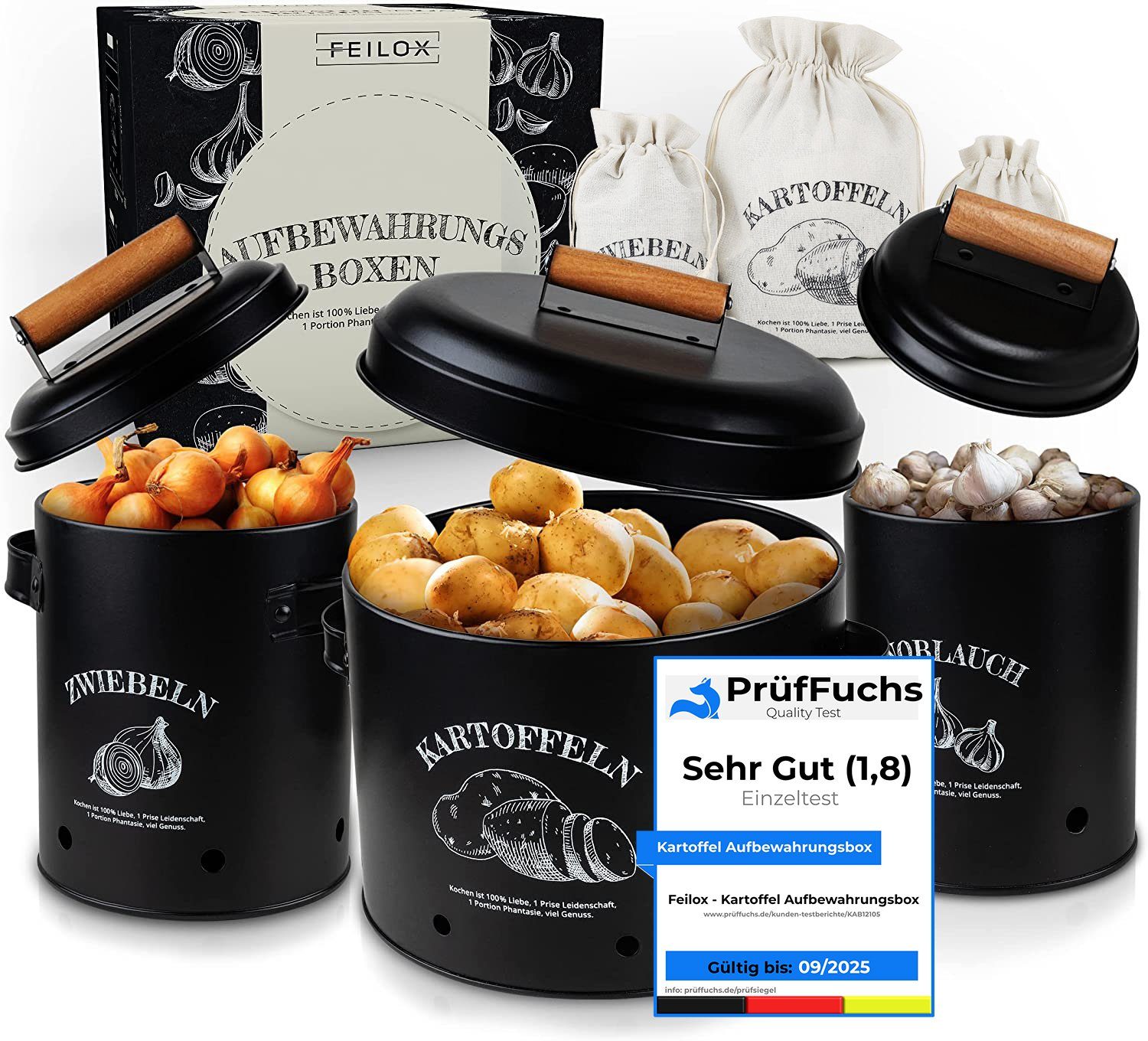 Feilox Vorratsdose Kartoffeln / Zwiebeln / Knoblauch Aufbewahrung Premium Set, mit Jutebeutel Set