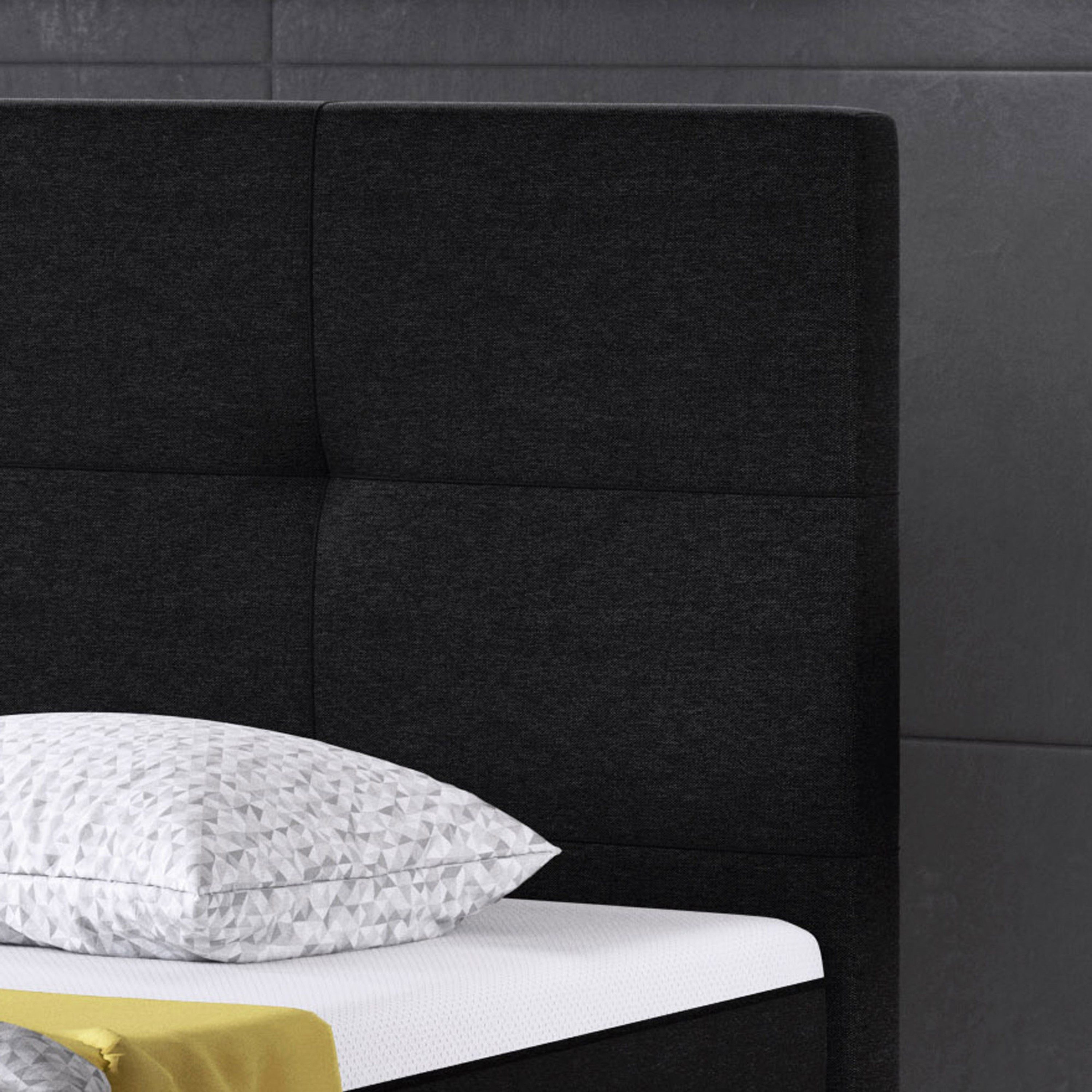 inter Boxspringbett Dallas 180x200 cm Webstoff mit 7 Zonen TFK und Topper-Optik (180x200 cm, Schwarz inkl. 7 Zonen Taschenfedernkernmatratzen mit Topper-Optik), Taschenfederkern-Komfort, gepolstertes Kopfteil, inklusive Matratzen