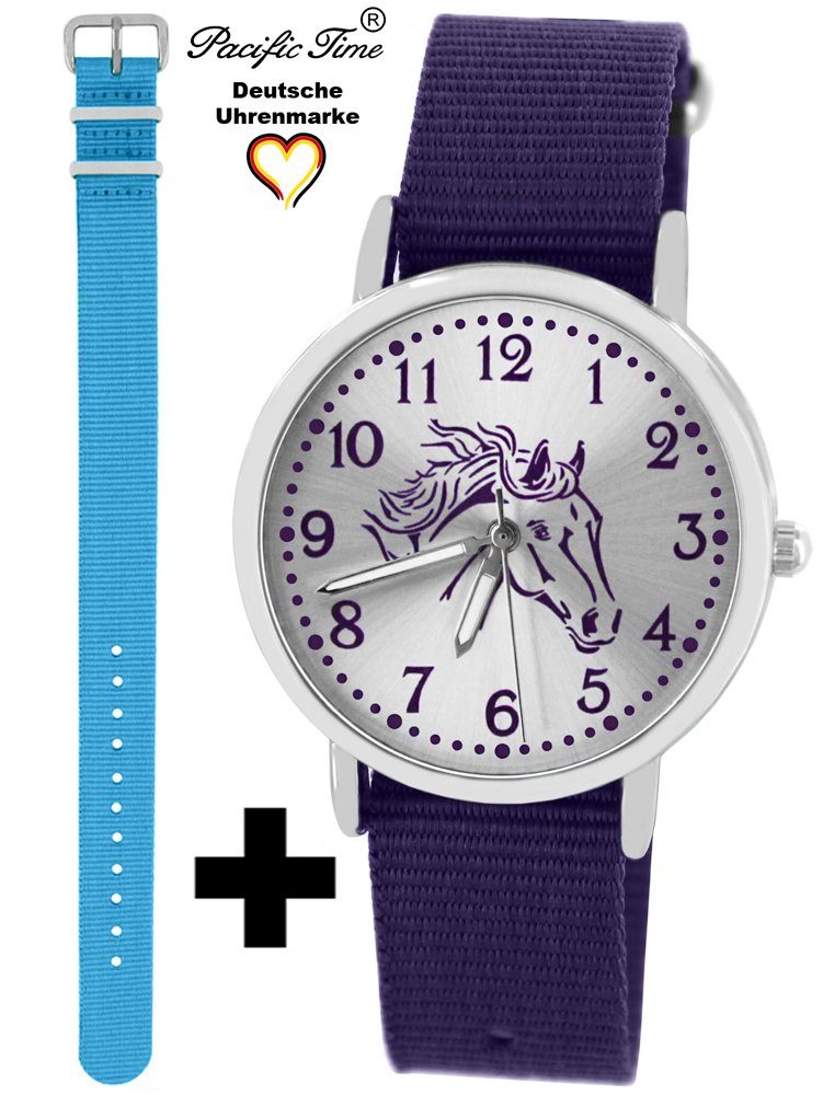 Pacific Time Quarzuhr Set Kinder Armbanduhr Pferd violett Wechselarmband, Mix und Match Design - Gratis Versand hellblau und violett