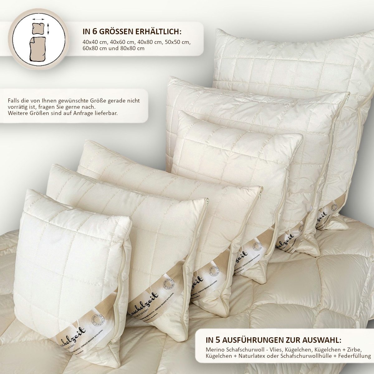 Meivita Naturfaserkopfkissen Merino Schafschurwolle Kopfkissen, Füllung: 80% Wolle (Schurwollkügelchen) und 20% Zirbenholzspäne, Bezug: 100% Baumwolle untersteppt mit 100% Wolle (Merino Schafschurwollvlies), Seitenschläfer, Rückenschläfer, Bauchschläfer, Kissen Hergestellt in Deutschland