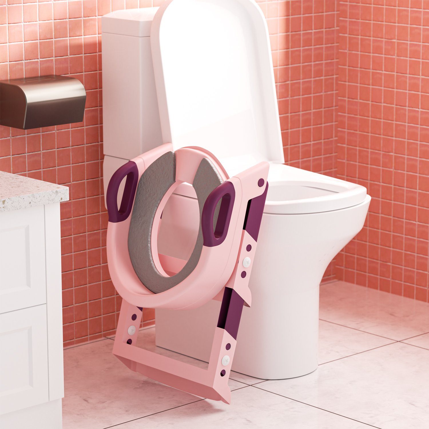 Gimisgu Toilettentrainer Rose Baby WC Treppe Kindertoilette Töpfchen Töpfchentrainer Sitz mit