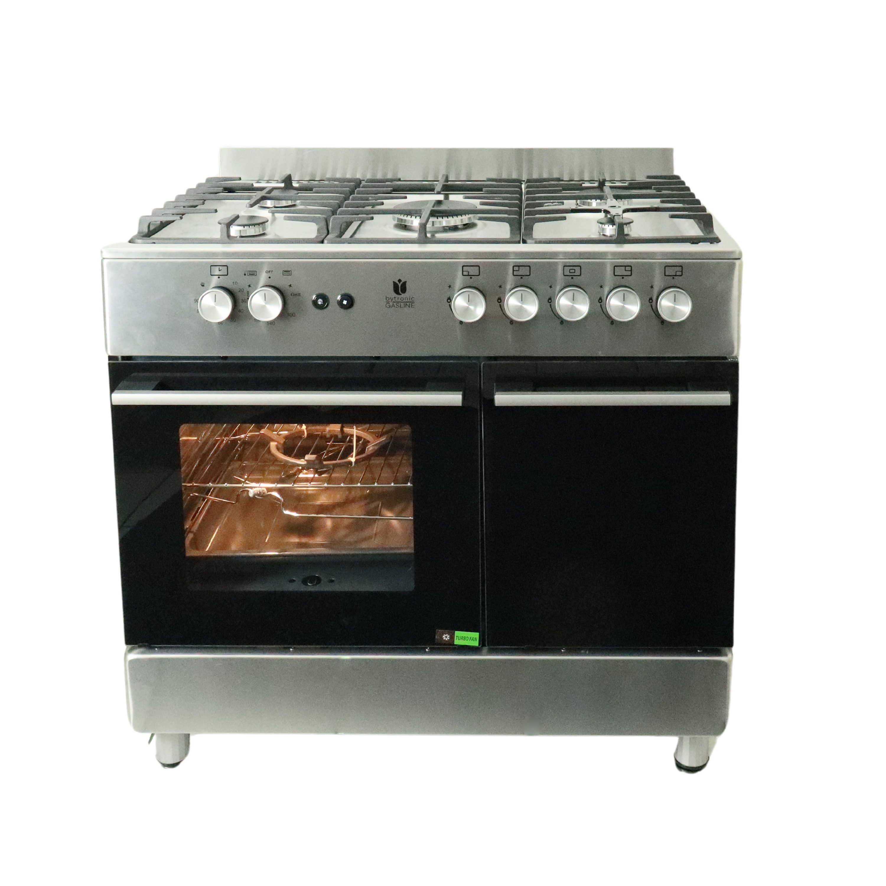 Gasline Gas-Standherd mit Flaschenschrank GAG90GOXFL, mit 1-fach-Teleskopauszug, Edelstahl, Vollzündsicherung, 90 cm breit mit WOK Brenner und Drehspieß Propangas