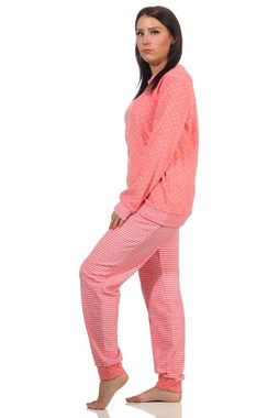 Normann Pyjama Damen Frottee Pyjama mit Bündchen in Herz-Tupfen Streifenoptik
