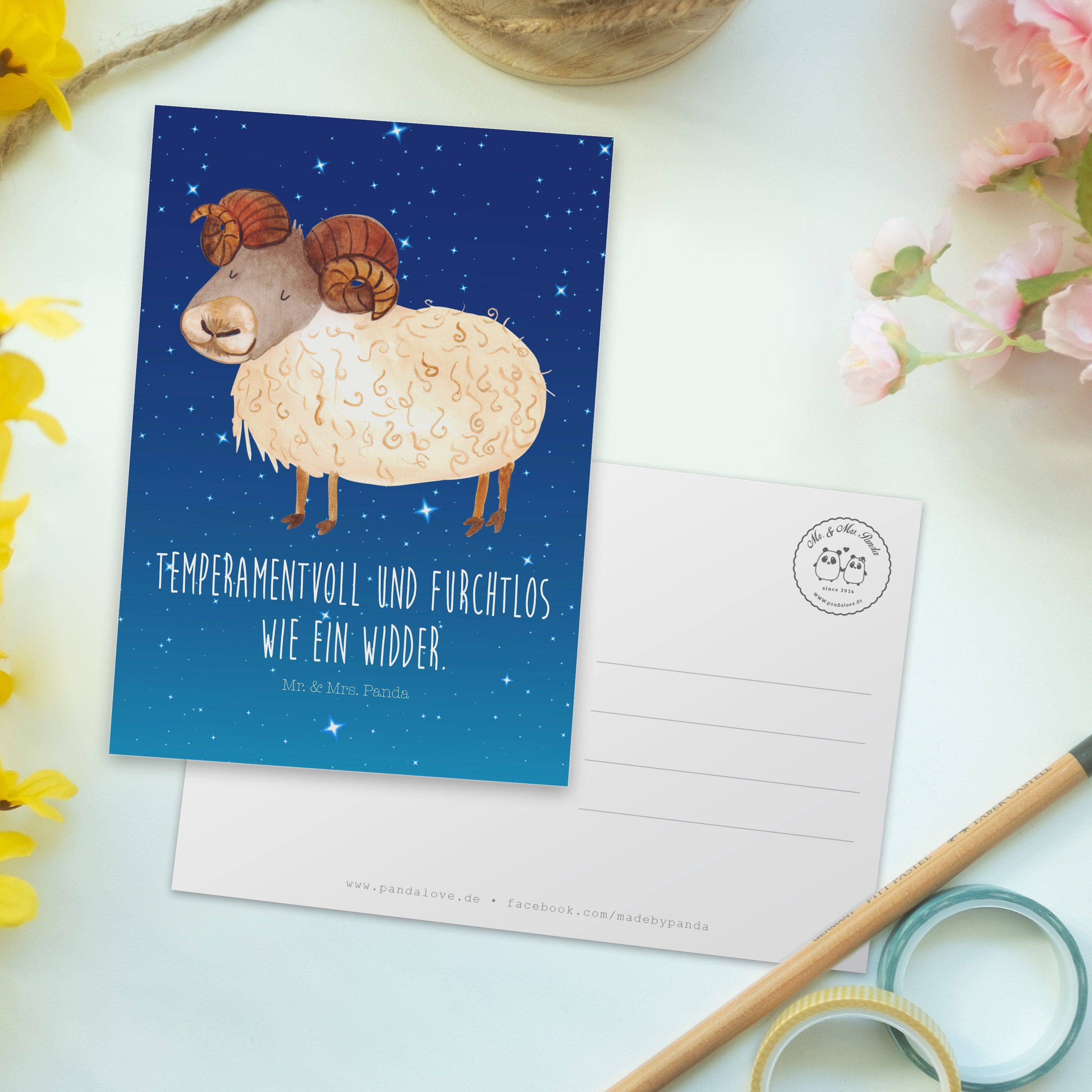 Geschenk, Geburtstag April - Postkarte Mr. Sternenhimmel Widder Sternzeichen - Panda Mrs. & Blau