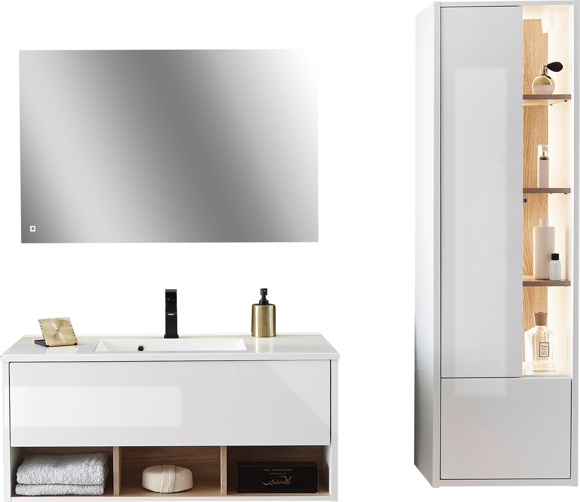 Home affaire Badmöbel-Set Studio Line, Bad im modernen Design, 3-teiliges Badezimmer, (3-St), Schrank, Waschtisch und Spiegel, in zwei Farben verfügbar, Stauraum