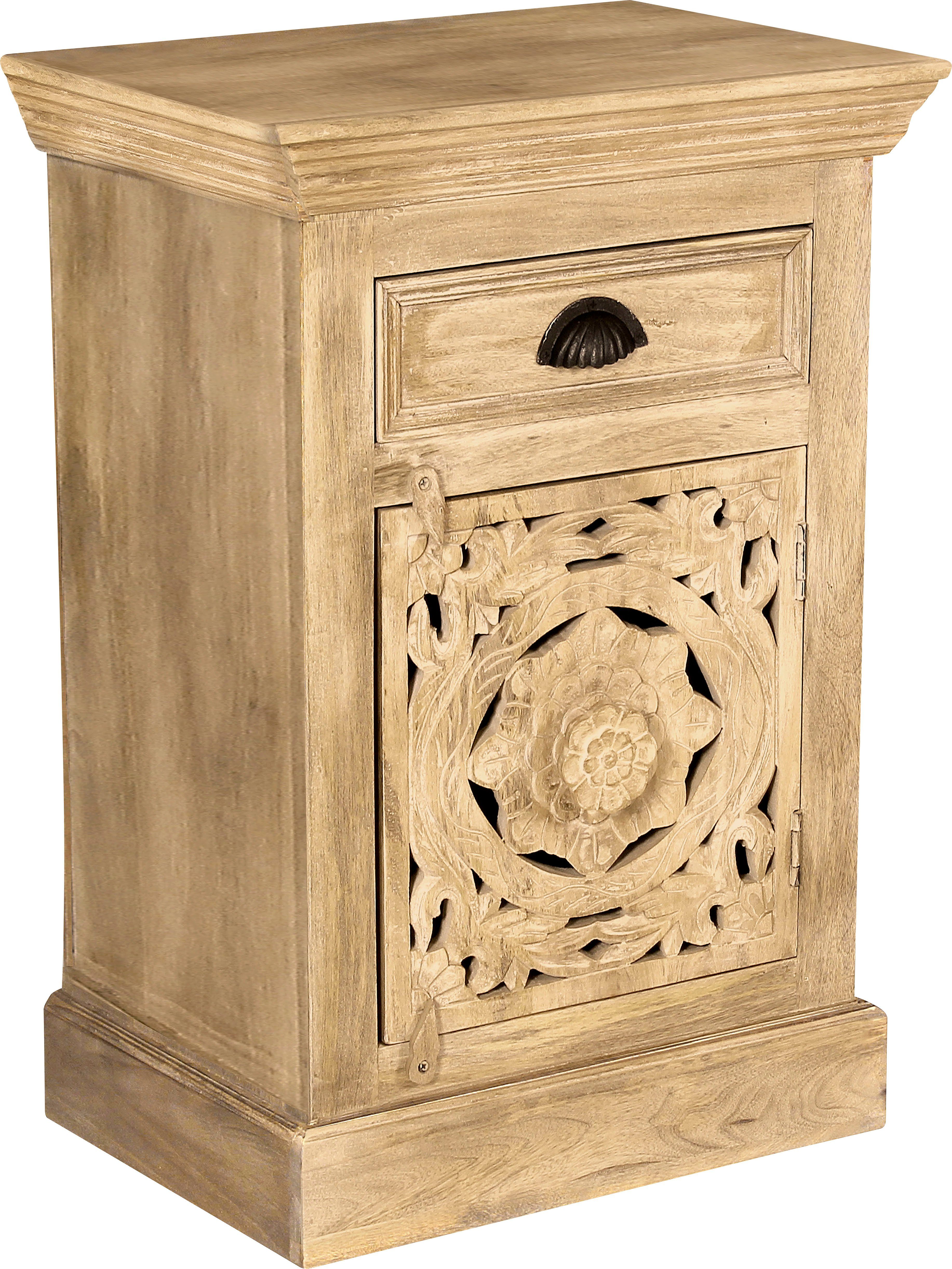 SIT Kommode LAKADEE Mangoholz mit Tür, Schublade & Holzschnitzereien, Aufwändige Holzschnitzereien als kunstvolles Design-Highlight