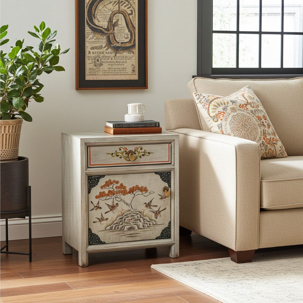 OPIUM OUTLET Nachtkommode Nachtkästchen Nachtschrank Schränkchen Nachtkonsole Kommode (Vintage, Asia Möbel, hellgrau, beige, komplett montiert), asiatisch chinesisch orientalisch fernöstlich