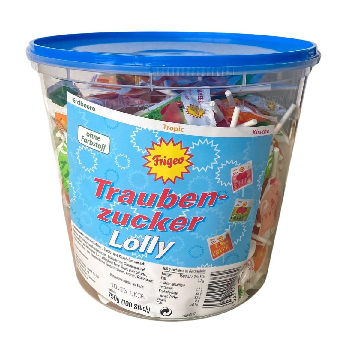FRIGEO Süßigkeit Frigeo Traubenzucker Lollys – 100 Stück im Eimer, 3 Sorten, 750 g, 100 St.