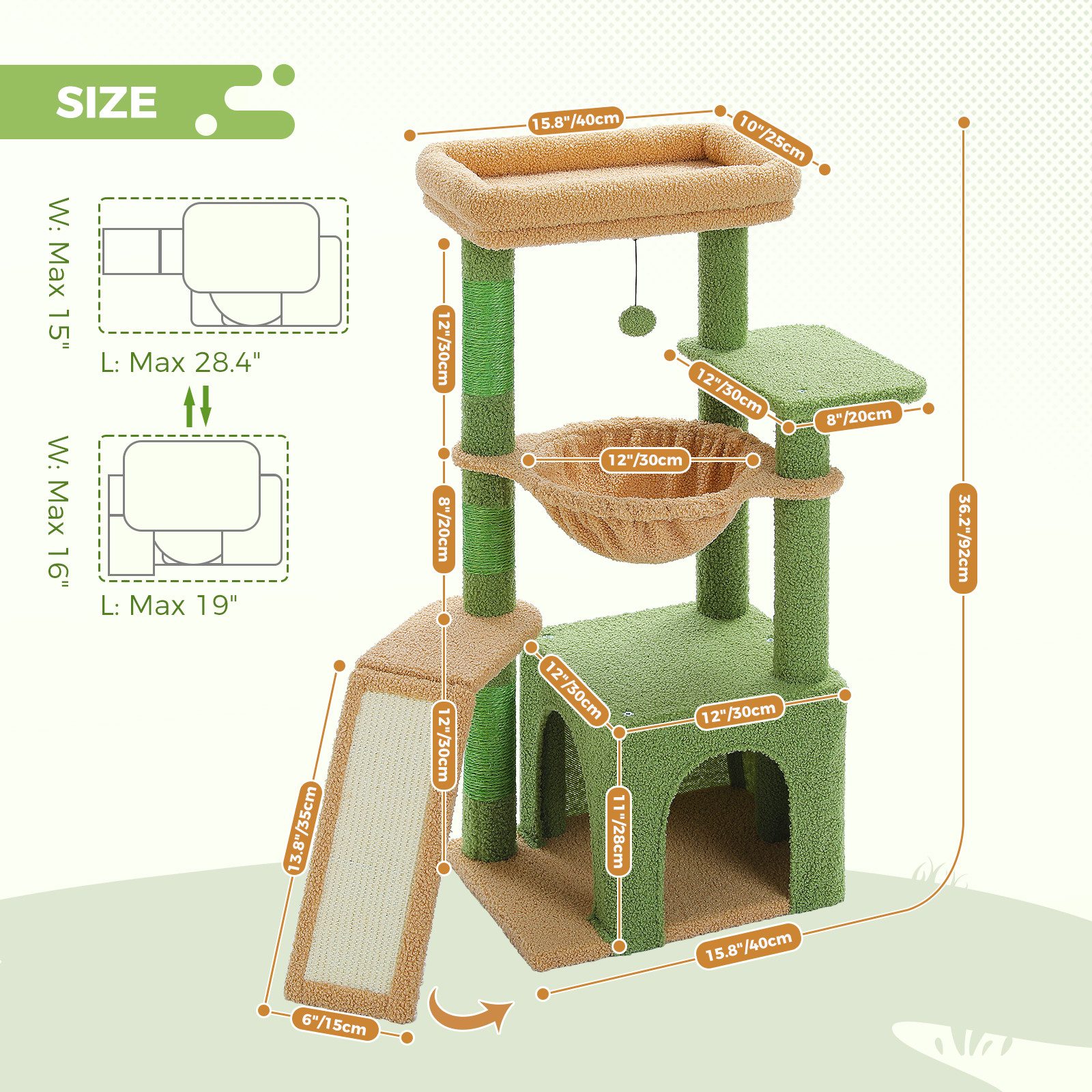 PAWZ Road Kratzbaum Kaktus-Katzenbaum für Hauskatzen 90 cm, mit großer Höhle, 1 Sisalbrett, 3 Kratzstämme, Hängematte