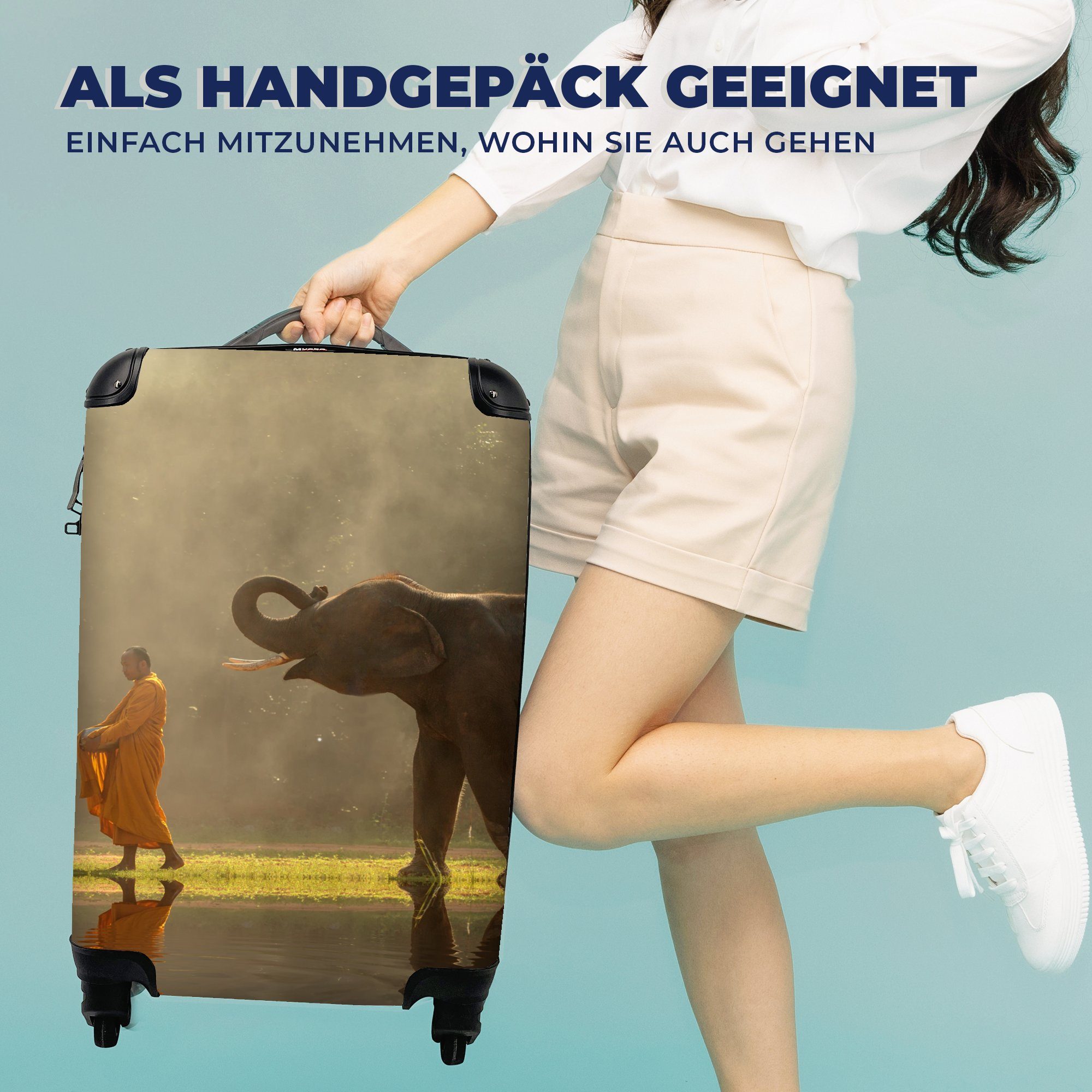 Handgepäck Elefant 4 - für Reisetasche - - rollen, Rollen, Reisekoffer mit Handgepäckkoffer Natur, Ferien, Trolley, Wasser Tiere MuchoWow