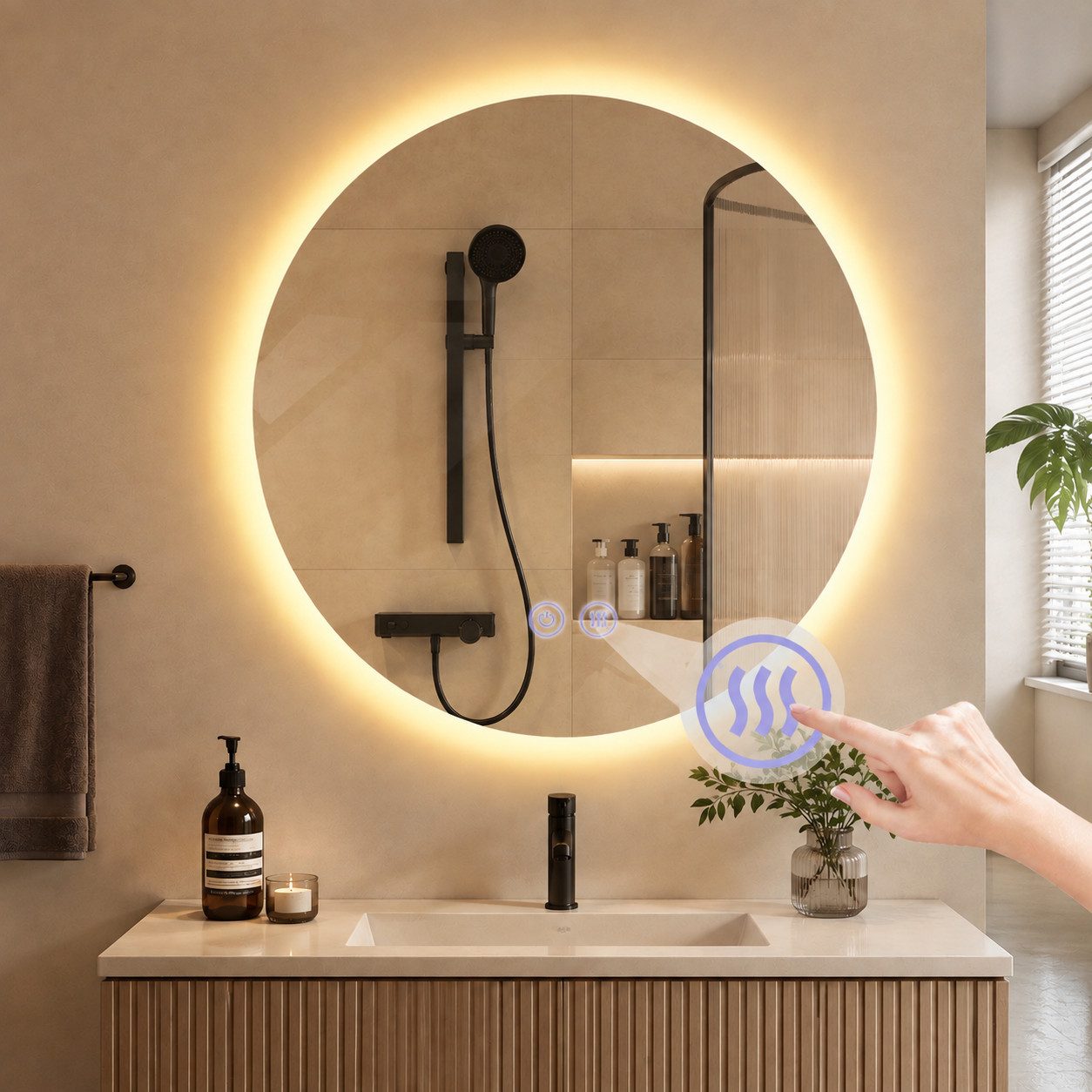 Nettlife Badspiegel Rund 50 cm Wandspiegel Beleuchtung Touchschalter Antibeschla (1-St), Dimmbar Funktion Moderner Kosmetikspiegel für Wandmontage