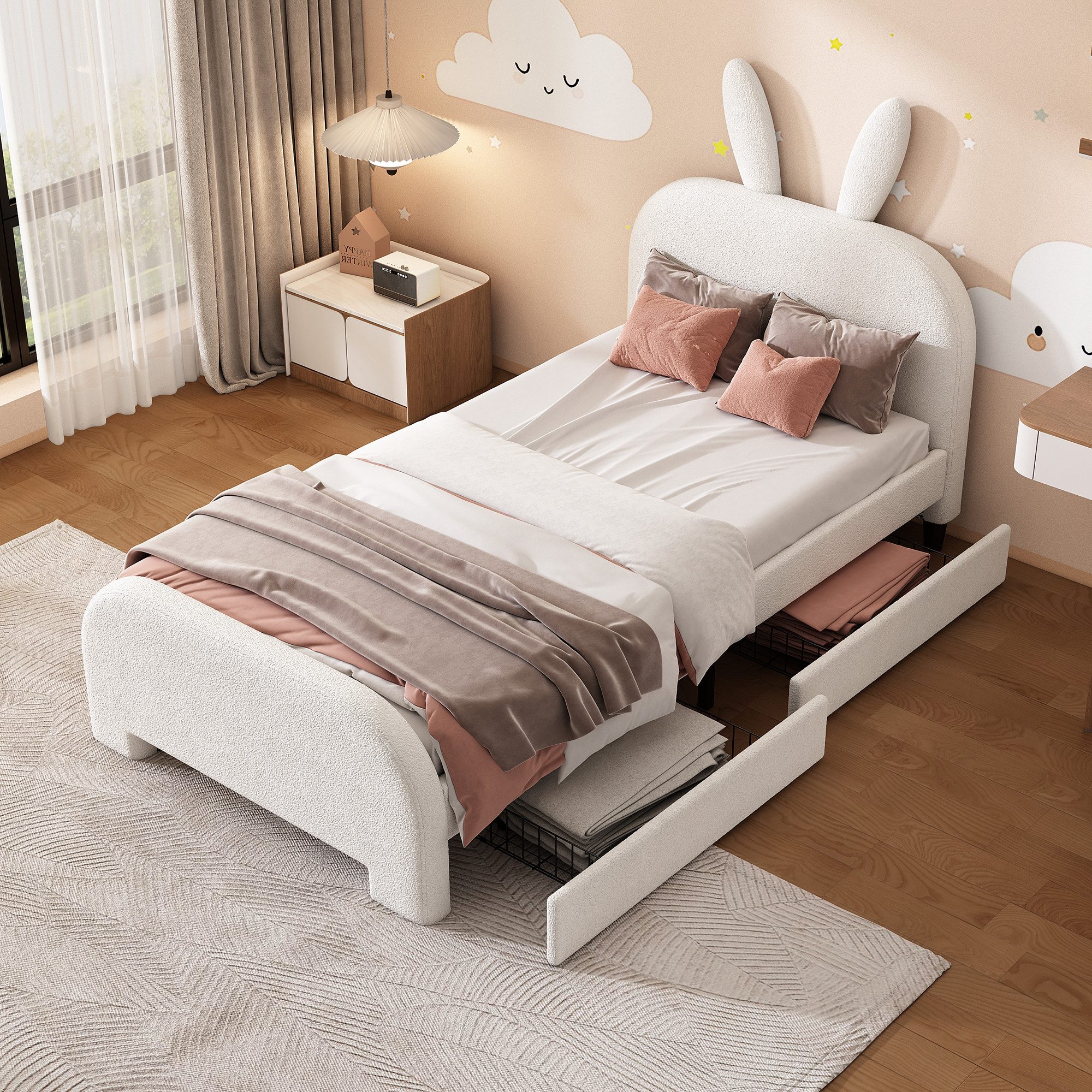 Flieks Polsterbett, Kinderbett Einzelbett 90x200cm, Kaninchenform Kopfteil, 2 Schubladen