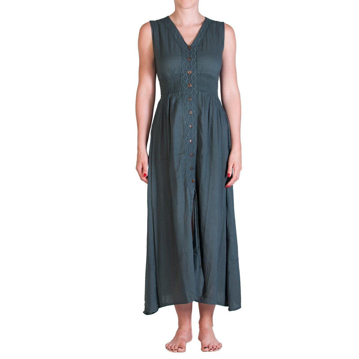 gerafft Kleid als und grau Strandkleid 002 Langes Baumwolle einfarbiges gesmoked im Onesize auch Langes feiner Gr. aus M PANASIAM Tunikakleid Rücken Sommerkleid S