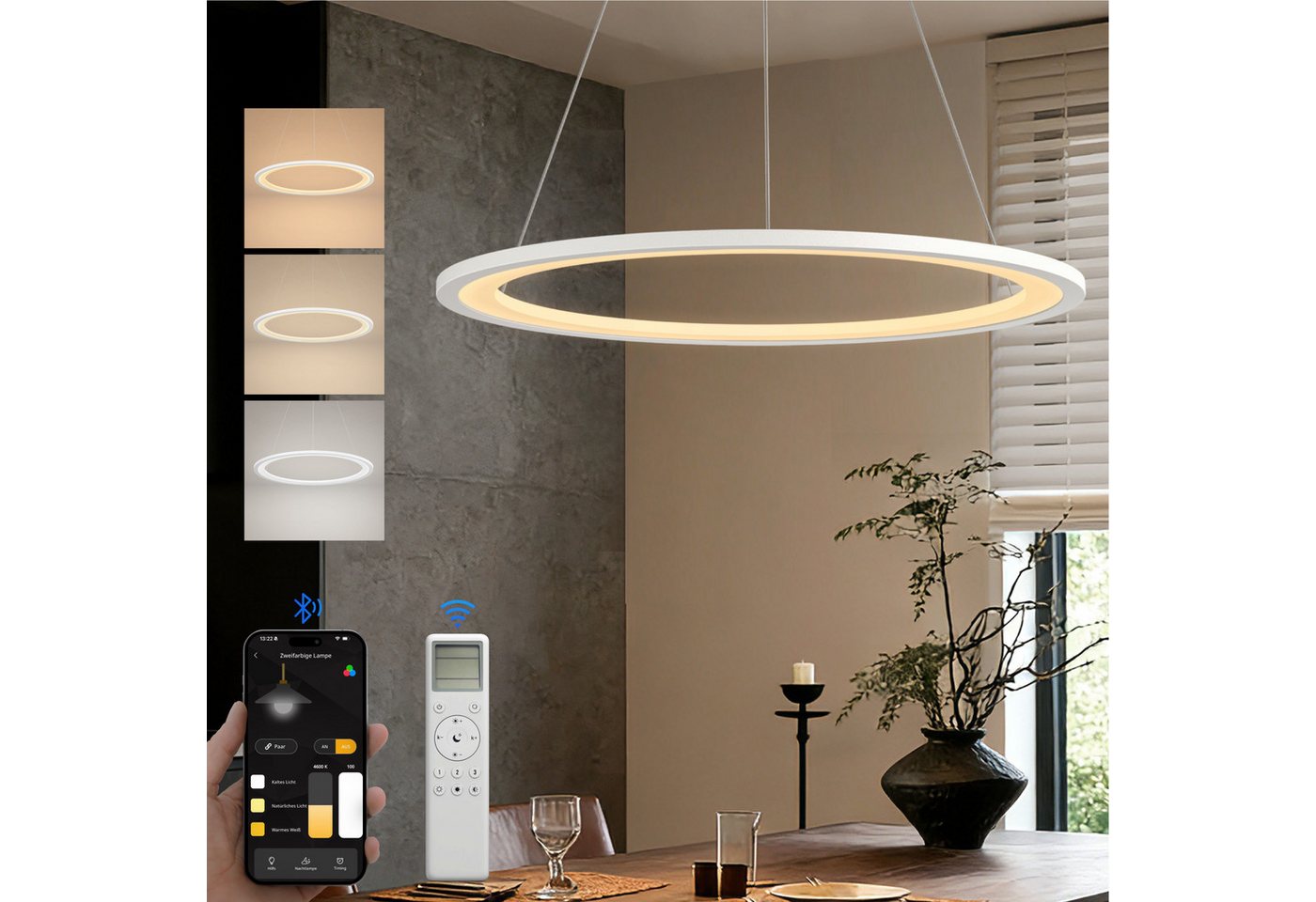 doporro Pendelleuchte Pendellampe Hängeleuchte höhenverstellbar stufenlos dimmbar Luvina01, Farbtemperatur von 3000–6000K einstellbar, LED-Pendellampe