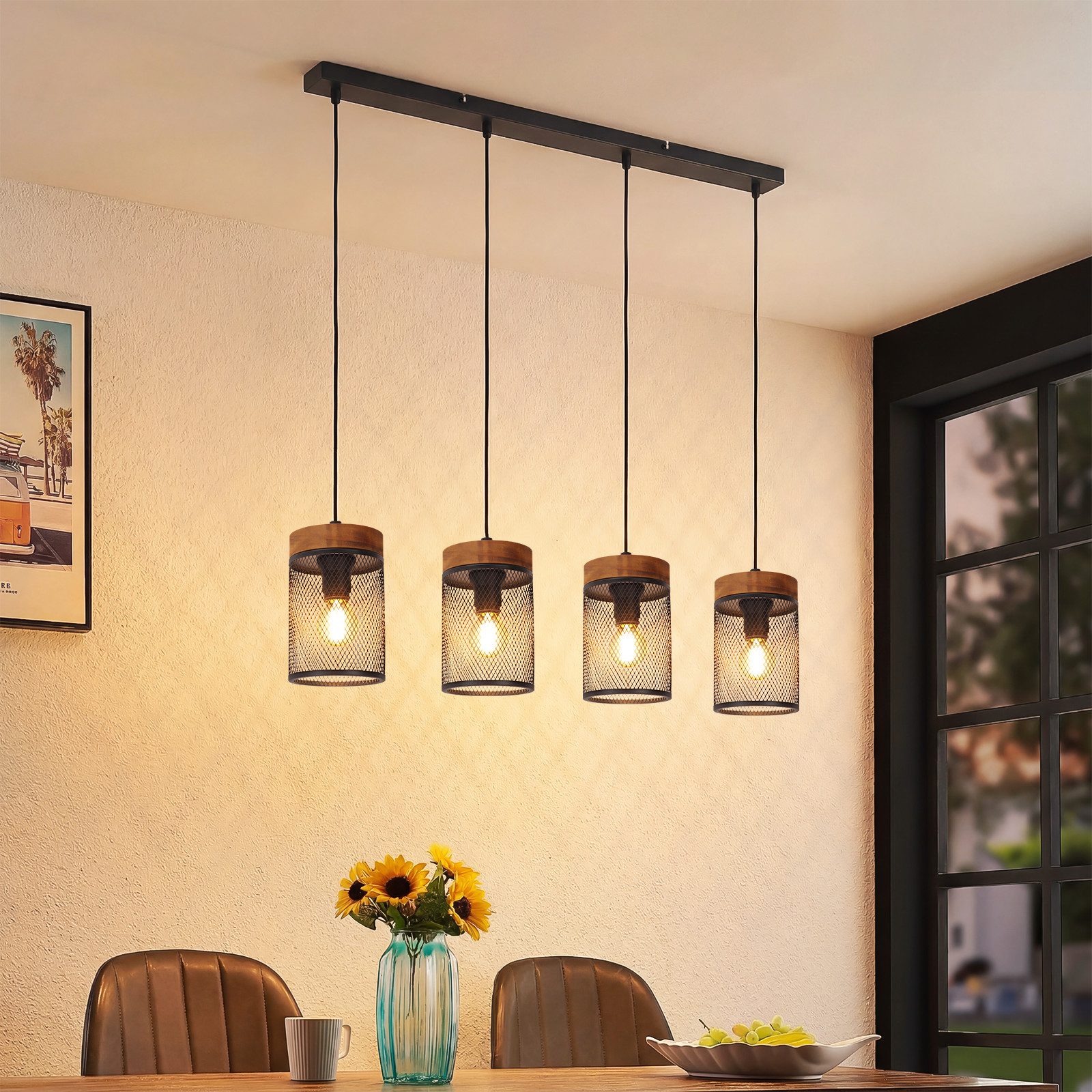 ZMH Pendelleuchte E14 Schwarz Holz Vintage 1/3/4 Flamming Retro Esstischlampe für Küche, ohne Leuchtmittel, Vintage Hängelampe 4 Flammig mit Gitter Lampenschirm