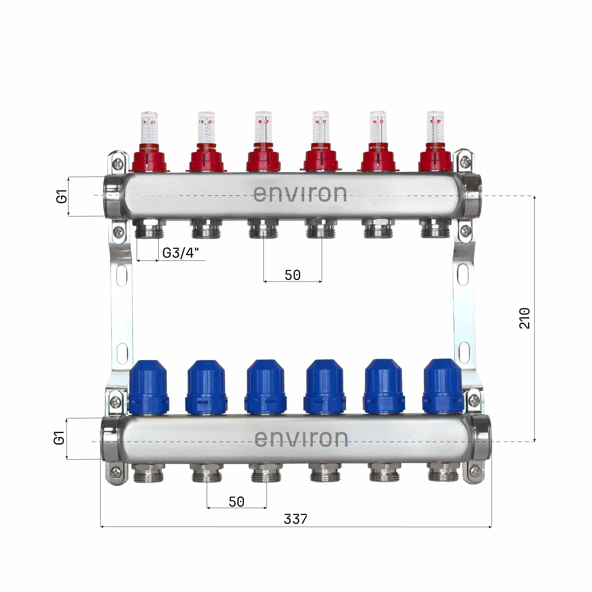 Environ Fußbodenheizung Edelstahl Heizkreisverteiler 2 - 12 fach - 6-fach