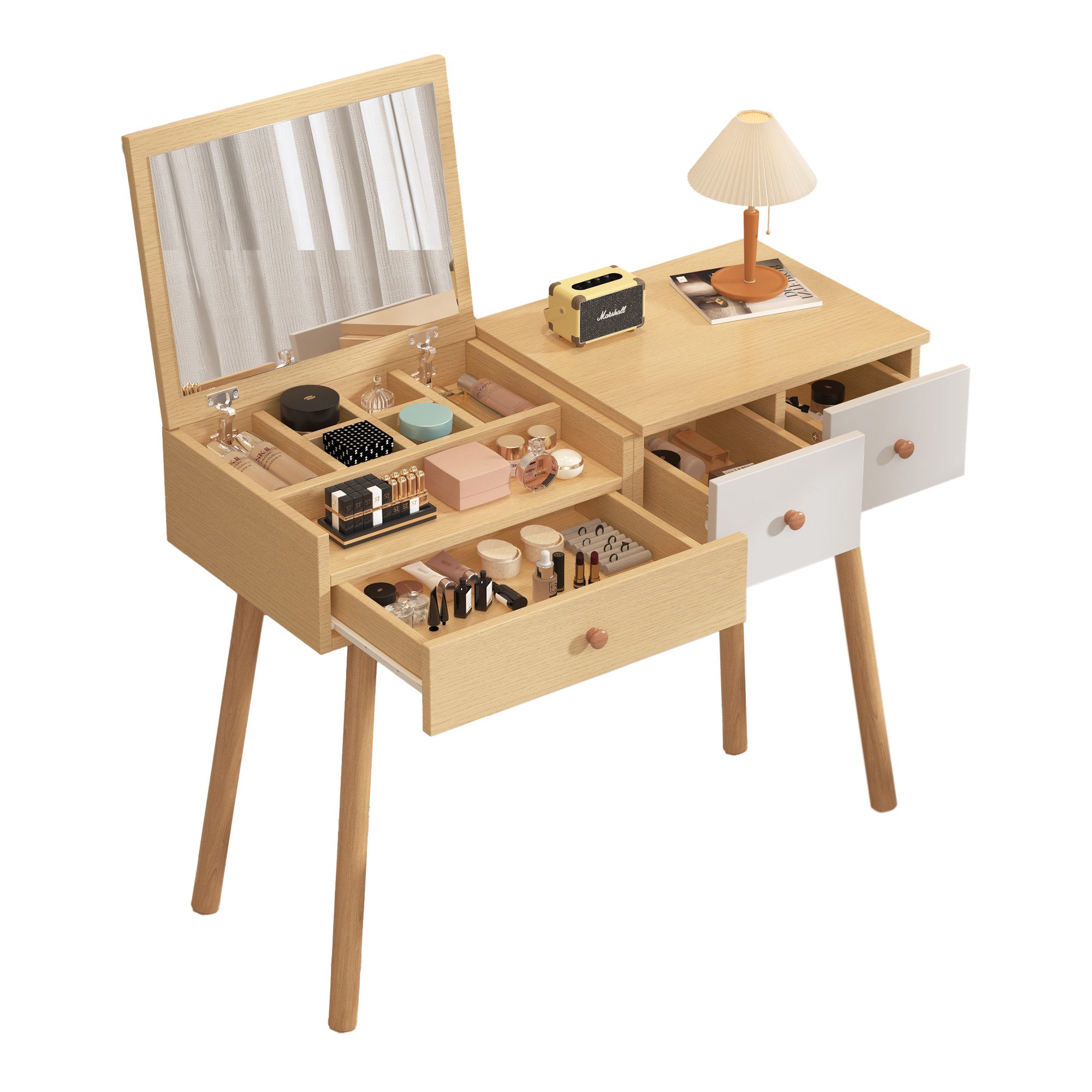 Yorbay Nachttisch aus Holz, mit faltbarem Spiegel, Schubladen und geteilter Stauraum, Multikfunktional Schminktisch mit großer Kapazität B100xH78xT40 cm
