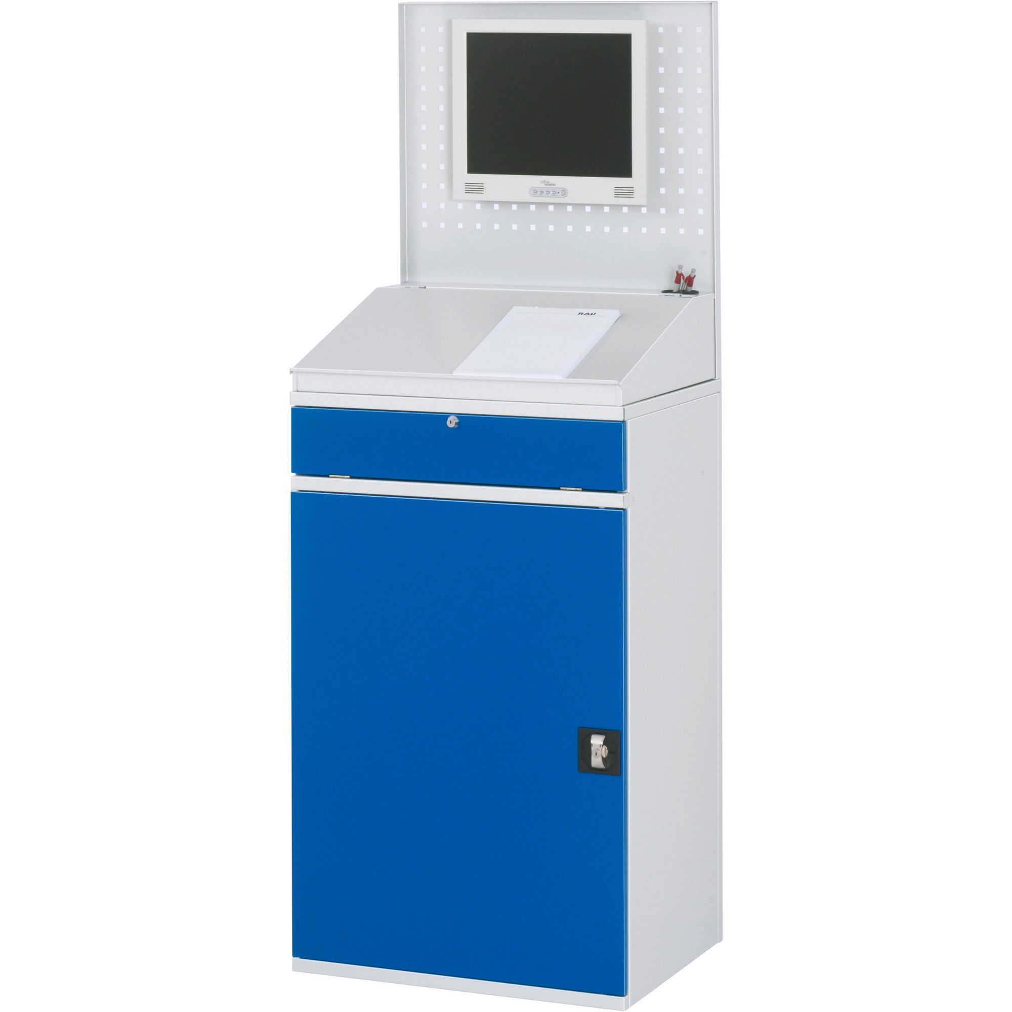 RAU Schreibtisch Computerschrank 650x520x1770mm stationär lichtgrau/enzianblau