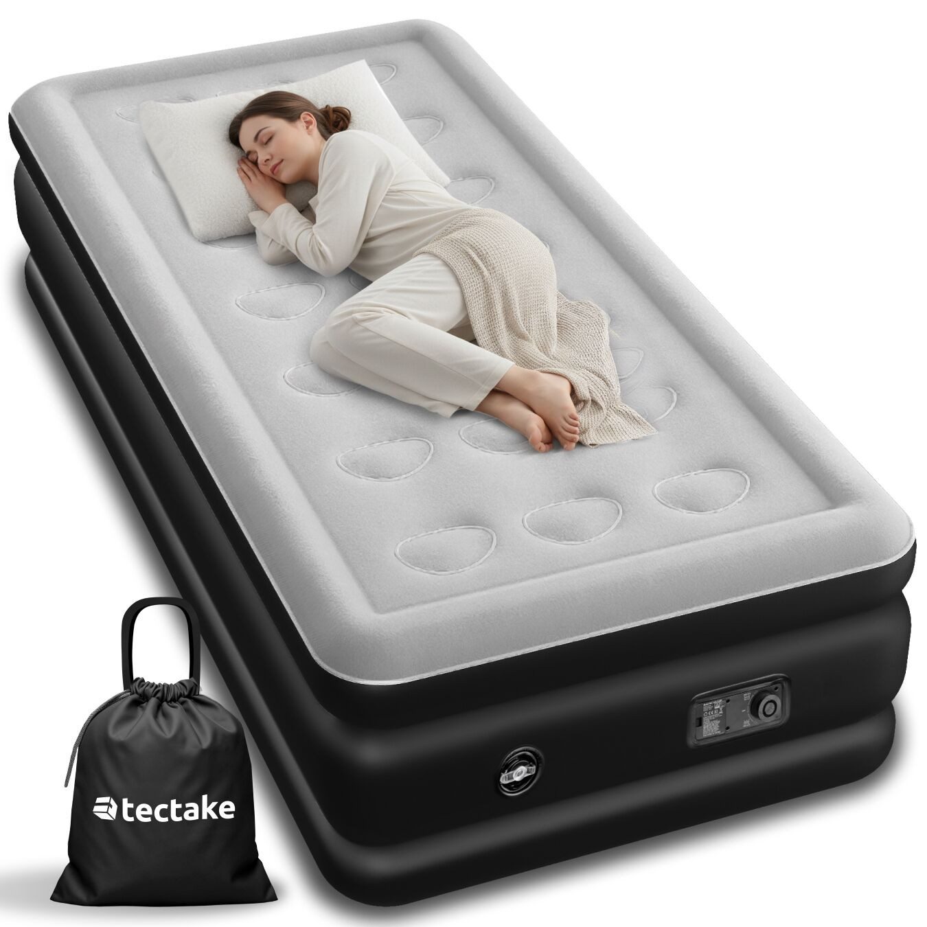 tectake Luftbett Aufblasbare Matratze für 1–2 Personen, selbstaufblasend in 2 Minuten, (Gästeluftmatratze AirDreams, in schwarz/weiß), Elektrische Pumpe, manuelles Ventil, Tragebeutel, Luftsäulensystem