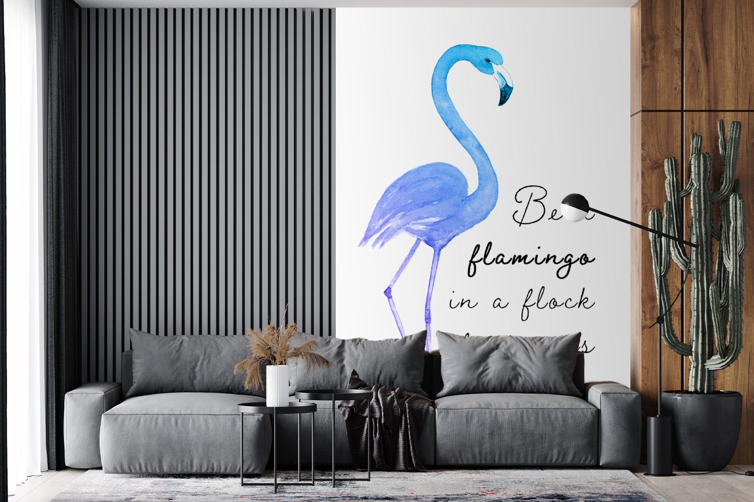 MuchoWow Fototapete Montagefertig - Blau Vinyl Wandtapete für Wohnzimmer, Lila - Flamingo, (3 Tapete bedruckt, St), Matt