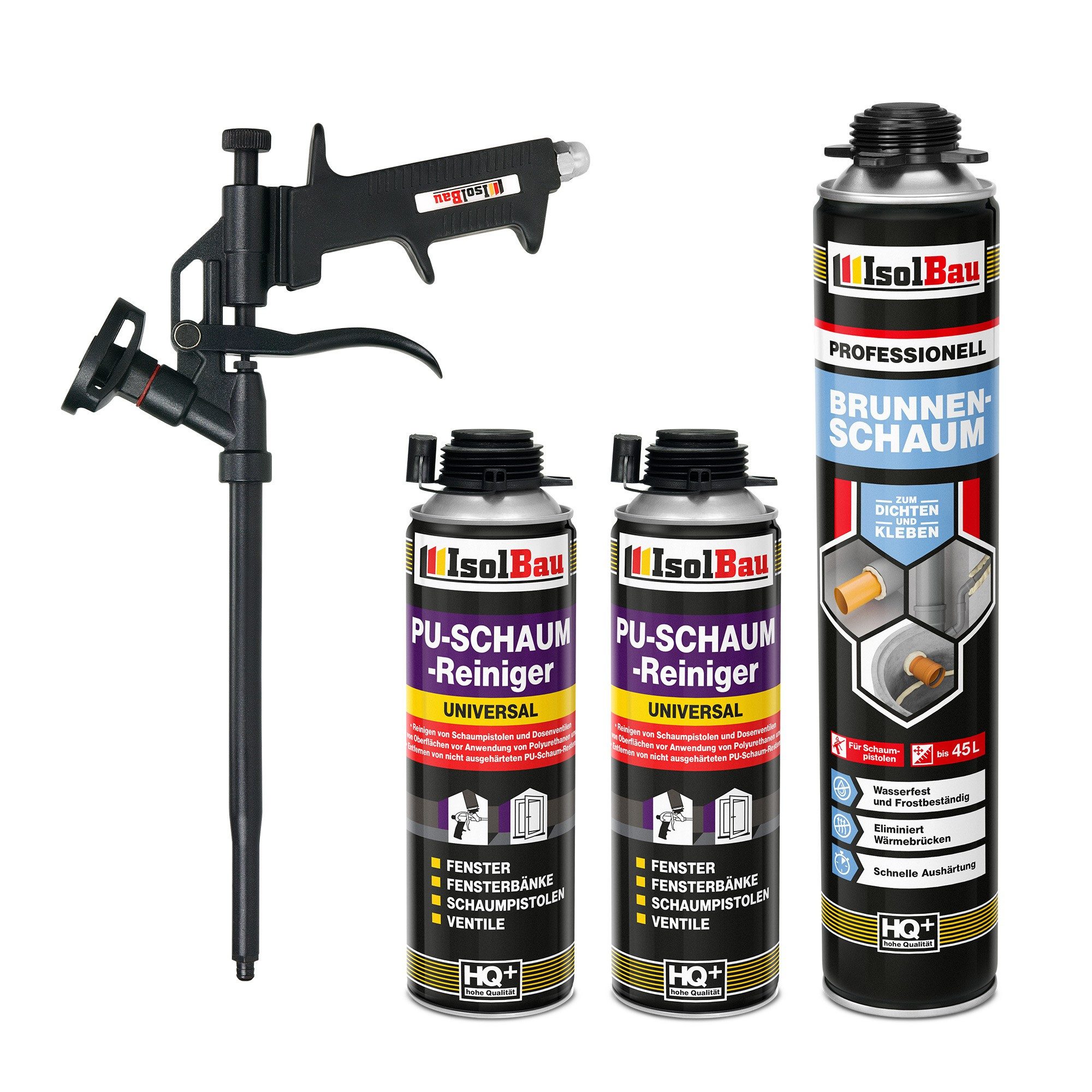 None Montagekleber Isolbau SET Brunnenschaum 1K Bauschaumpistole PU-Schaum 750 ml, Montageschaum 750 ml, 2 x PU-Schaum-Reiniger & 1 x Schaumpistole