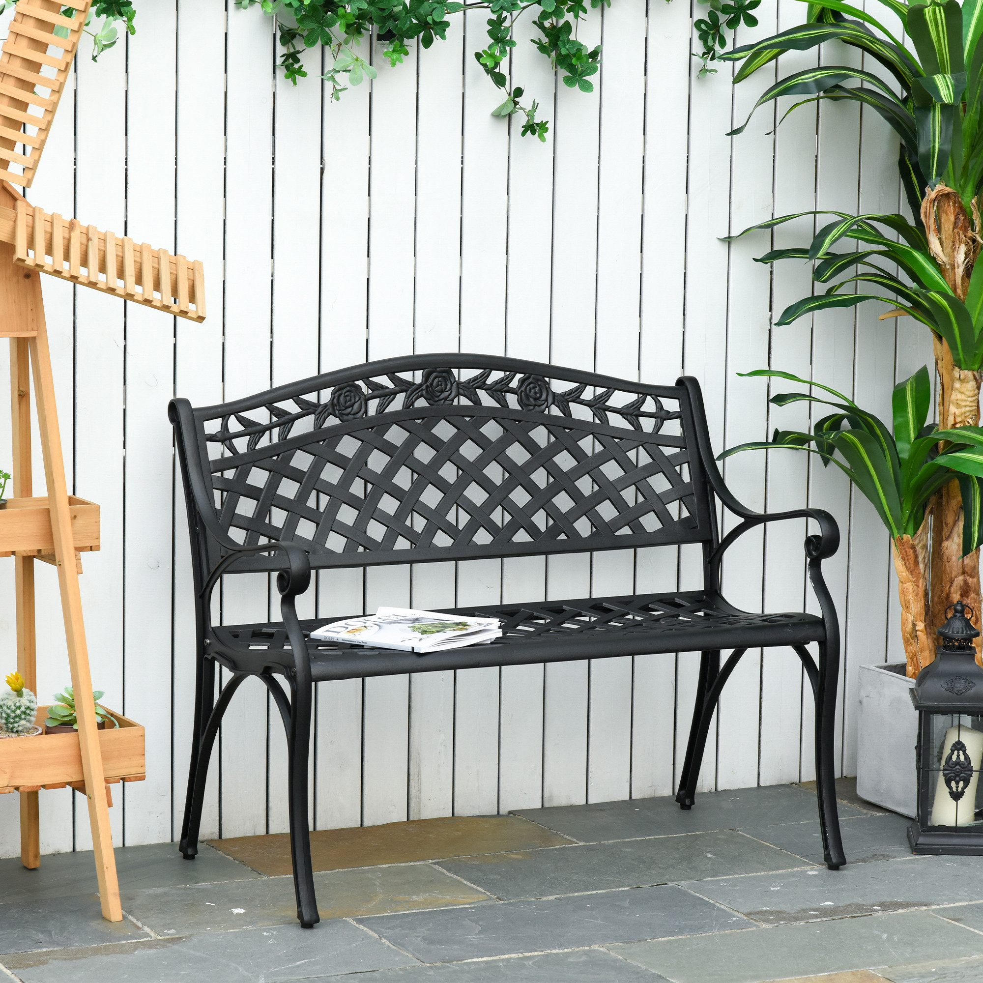 Outsunny Gartenbank 2-Sitzer Sitzbank Alu Bank mit Armlehnen Landhausstil (Gartenbank, 1-St., Metallbank), Schwarz 102,5 x 61 x 84 cm