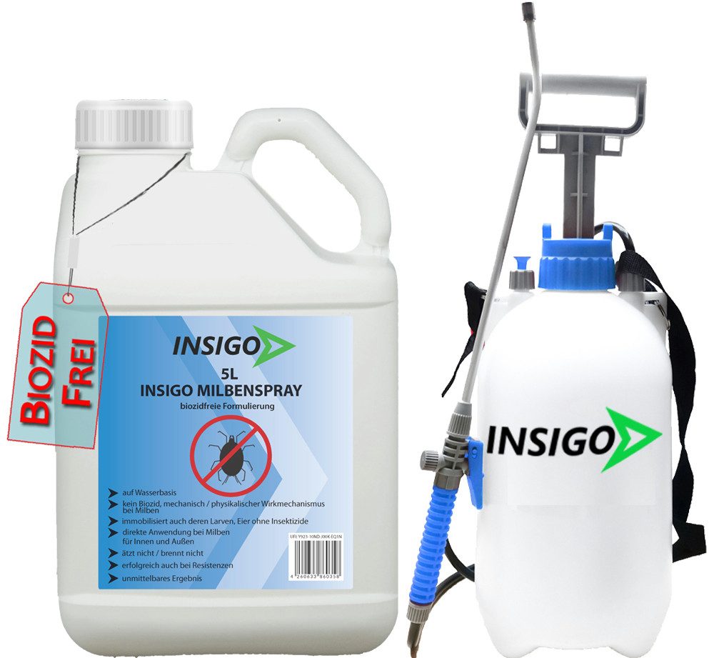 INSIGO Insektenspray Anti Milben-Spray Milben-Mittel Ungezieferspray, 5 l, biozidfreie Formel, auf Wasserbasis, geruchsarm, brennt / ätzt nicht