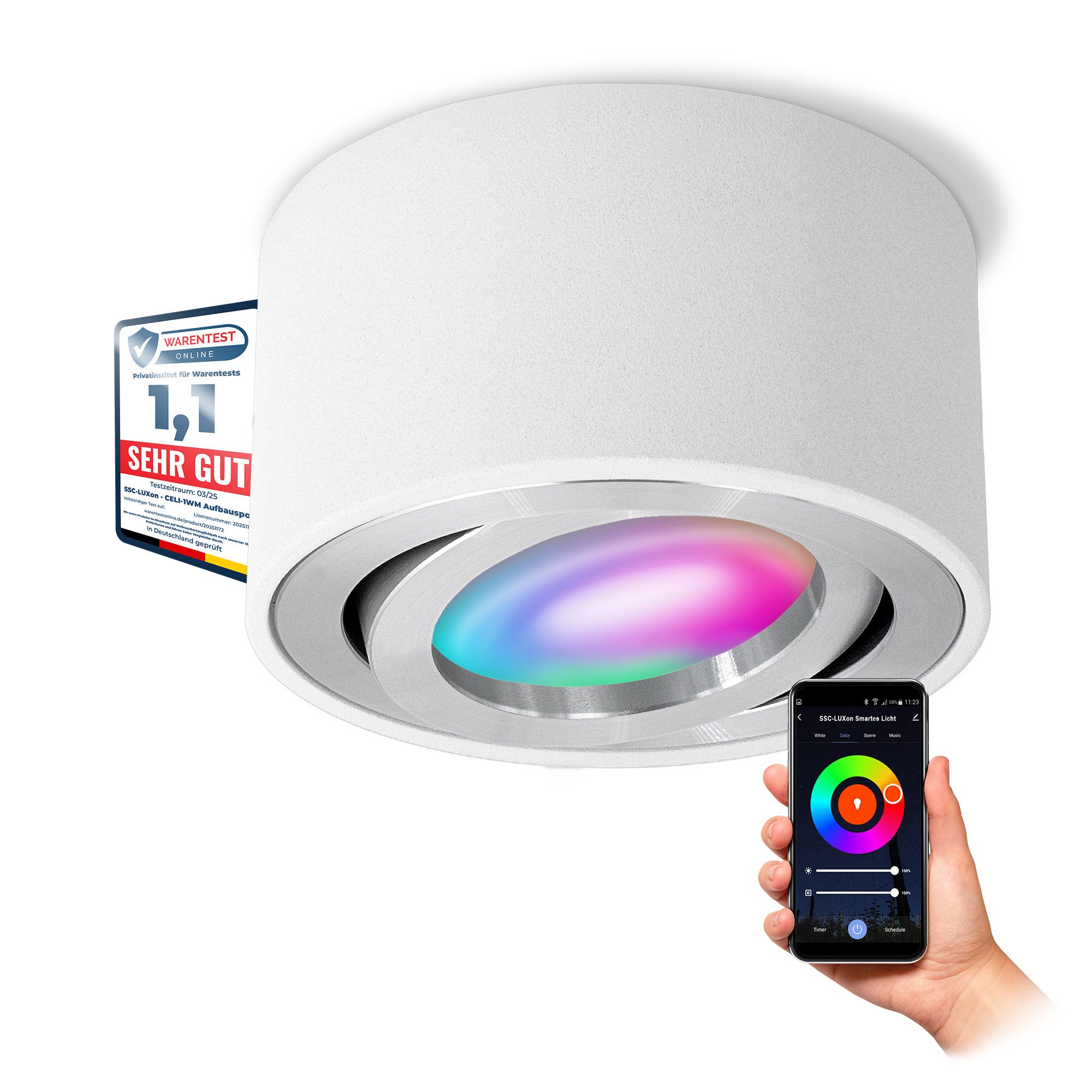 SSC-LUXon LED Aufbaustrahler CELI-1W Aufbauleuchte flach weiss schwenkbar mit RGB WLAN LED dimmbar, RGB & Weißtöne