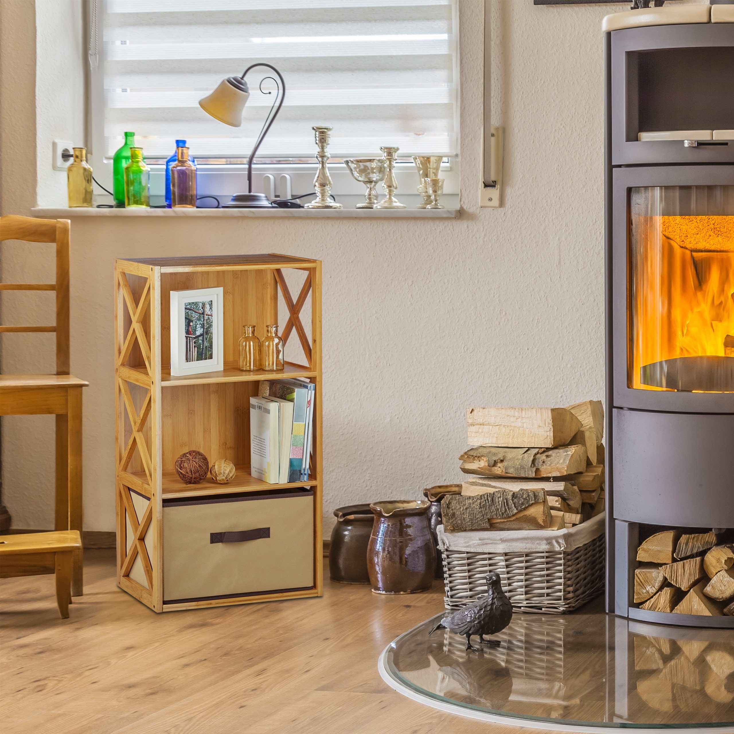 relaxdays Standregal Regal Bambus mit Korb, 3 günstig online kaufen