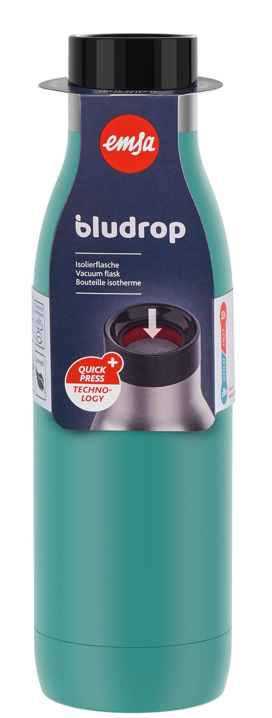 Emsa Isolierflasche Trinkflasche Bludrop, Edelstahl, Quick-Press Deckel, 360° Trinkgenuss, 12h warm/24h kühl