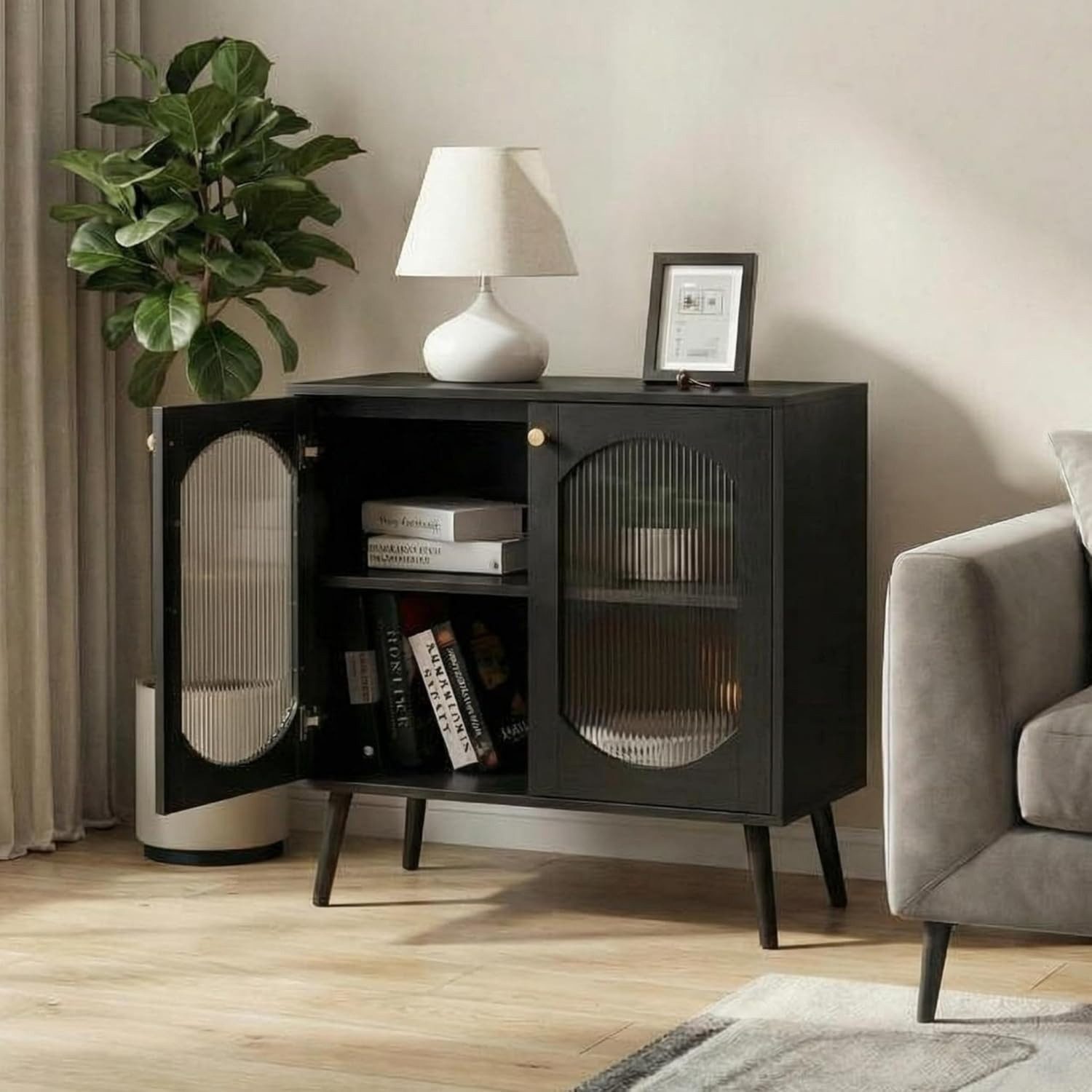 GarveeMore Sideboard Küchenschrank Aufbewahrungsschrank Mit 2 Türen Aus Glass, Buffet Kommode Beistellschrank Für Küche,Wohnzimmer,80x39x80.5cm