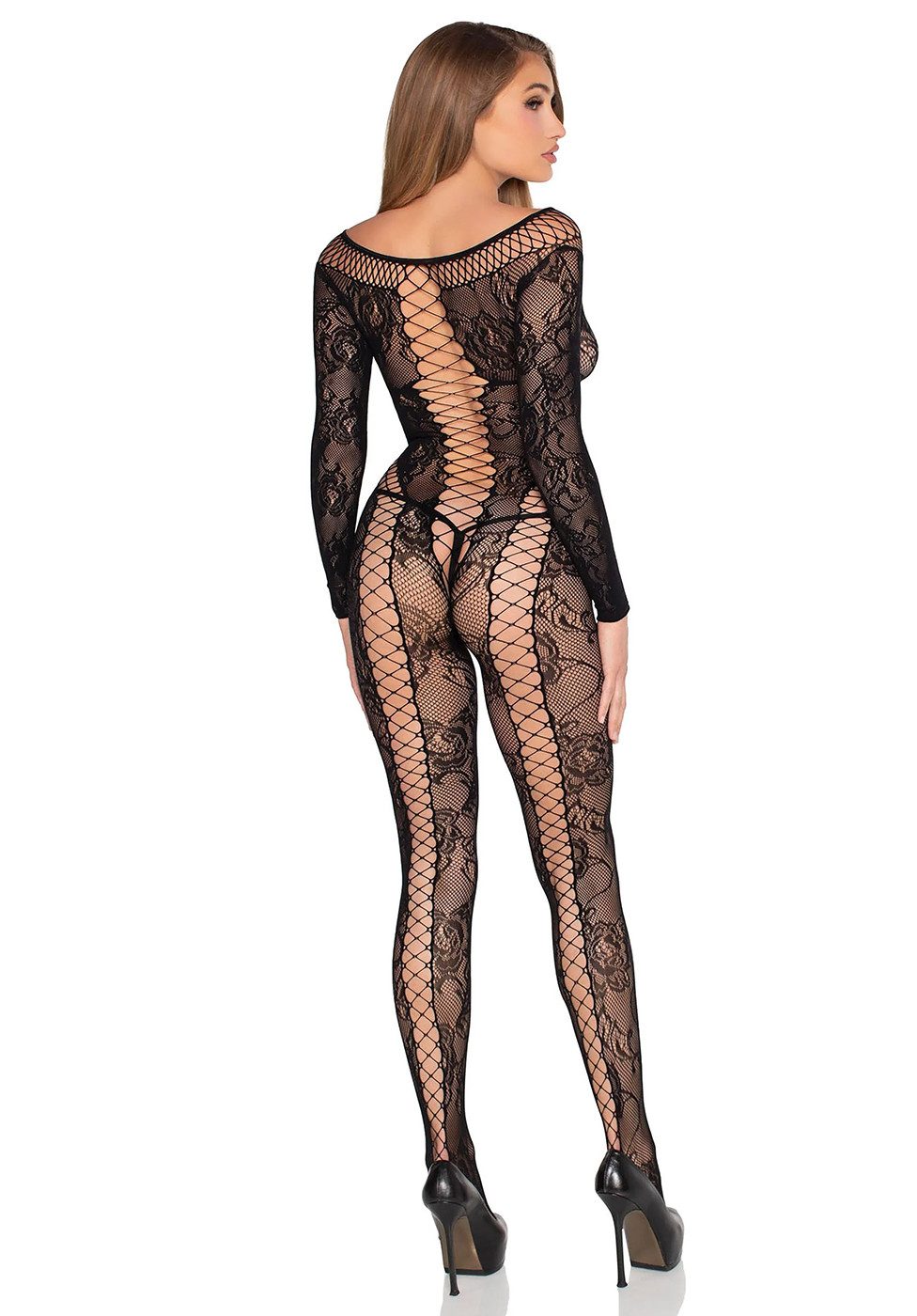 Leg Avenue Bodystocking Bodystocking mit floralem Muster und tiefen Netzausschnitten - schwarz (1 St) Vertikale Netzeinsätze mit Schnüreffekt