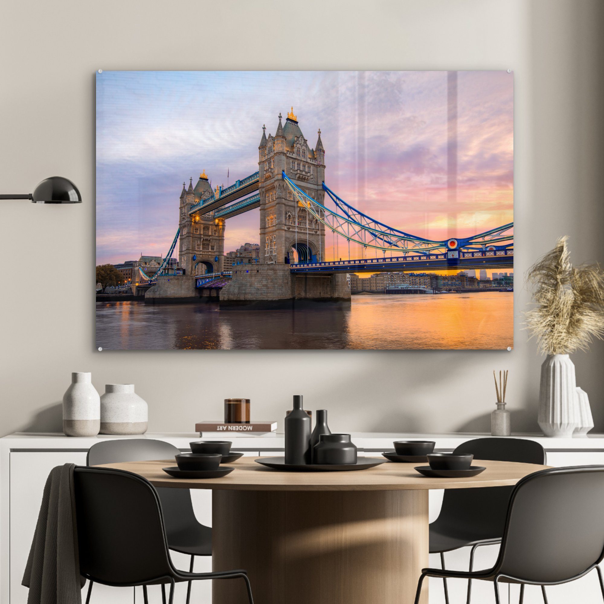 MuchoWow Acrylglasbild Sonnenaufgang in England, Wohnzimmer Acrylglasbilder (1 an der St), Tower Bridge Schlafzimmer &