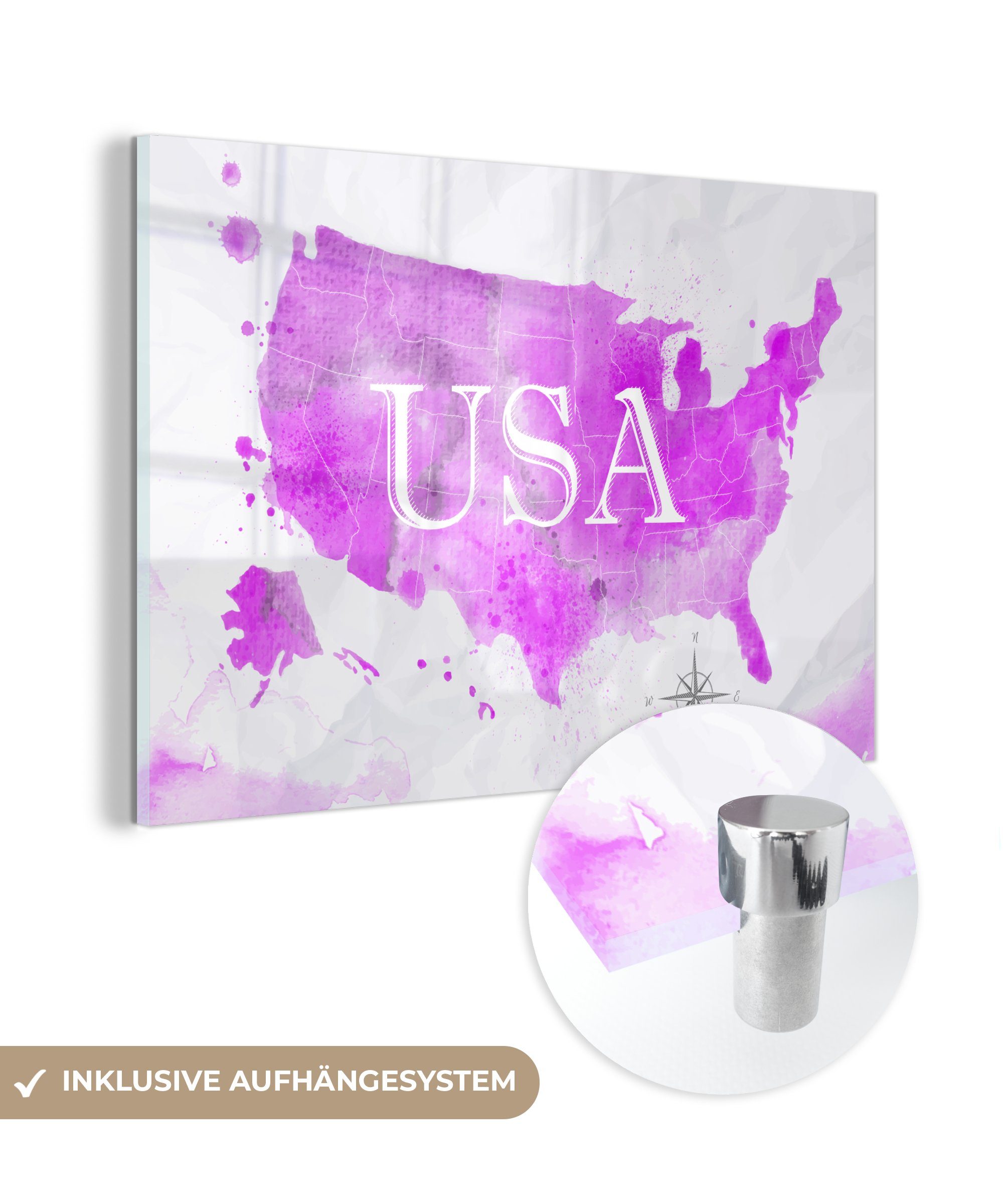 MuchoWow Acrylglasbild Weltkarte - Rosa - Vereinigte Staaten, (1 St), Glasbilder - Bilder auf Glas Wandbild - Foto auf Glas - Wanddekoration