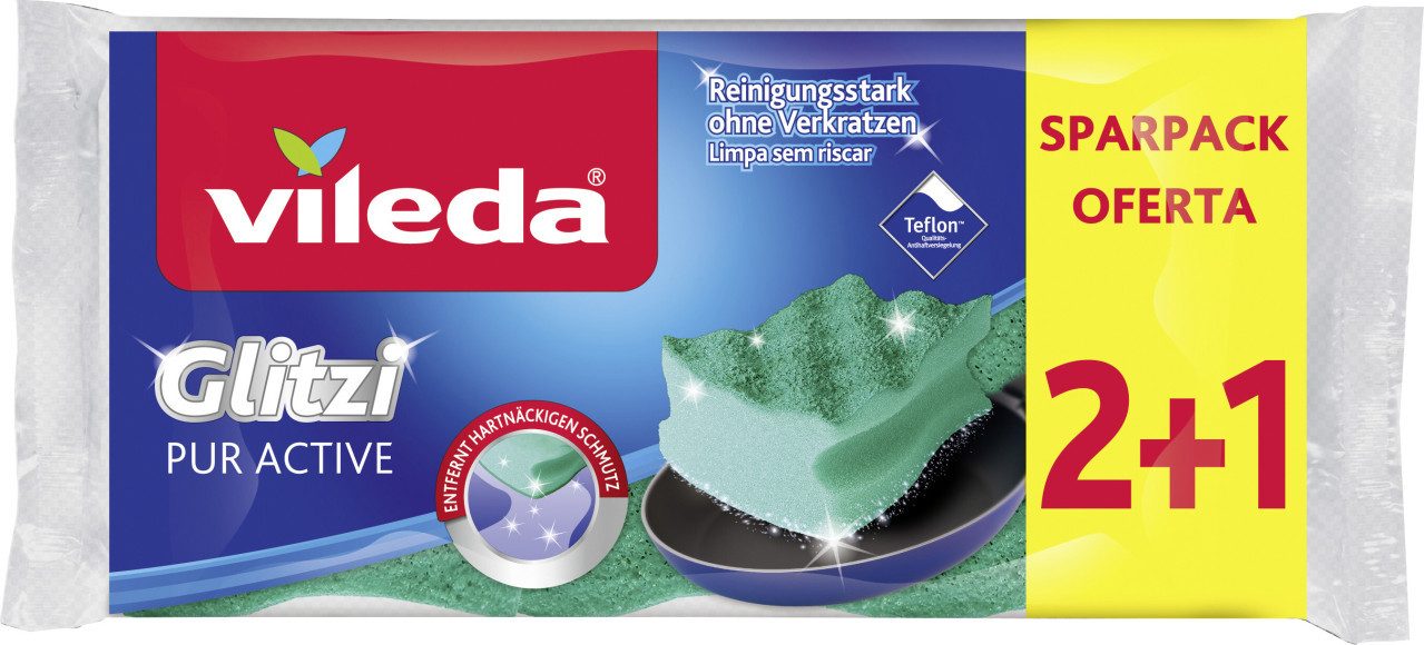 Vileda Geschirrschwamm Vileda Topfreiniger Glitzi Pur Active 2+1 3 Stück