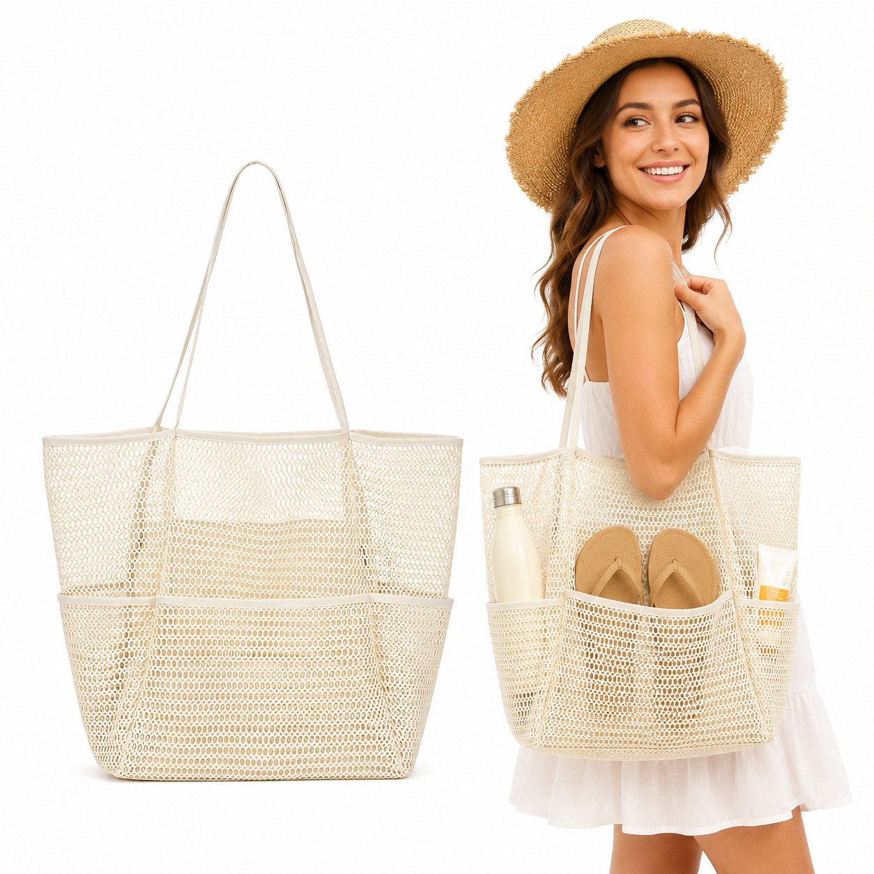 nsihing Strandtasche Strandtasche Damen Mesh, Große Faltbare Beach Tote mit Mini Fach, Leicht, Sandfest für Pool, Urlaub, Reise & Kreuzfahrt