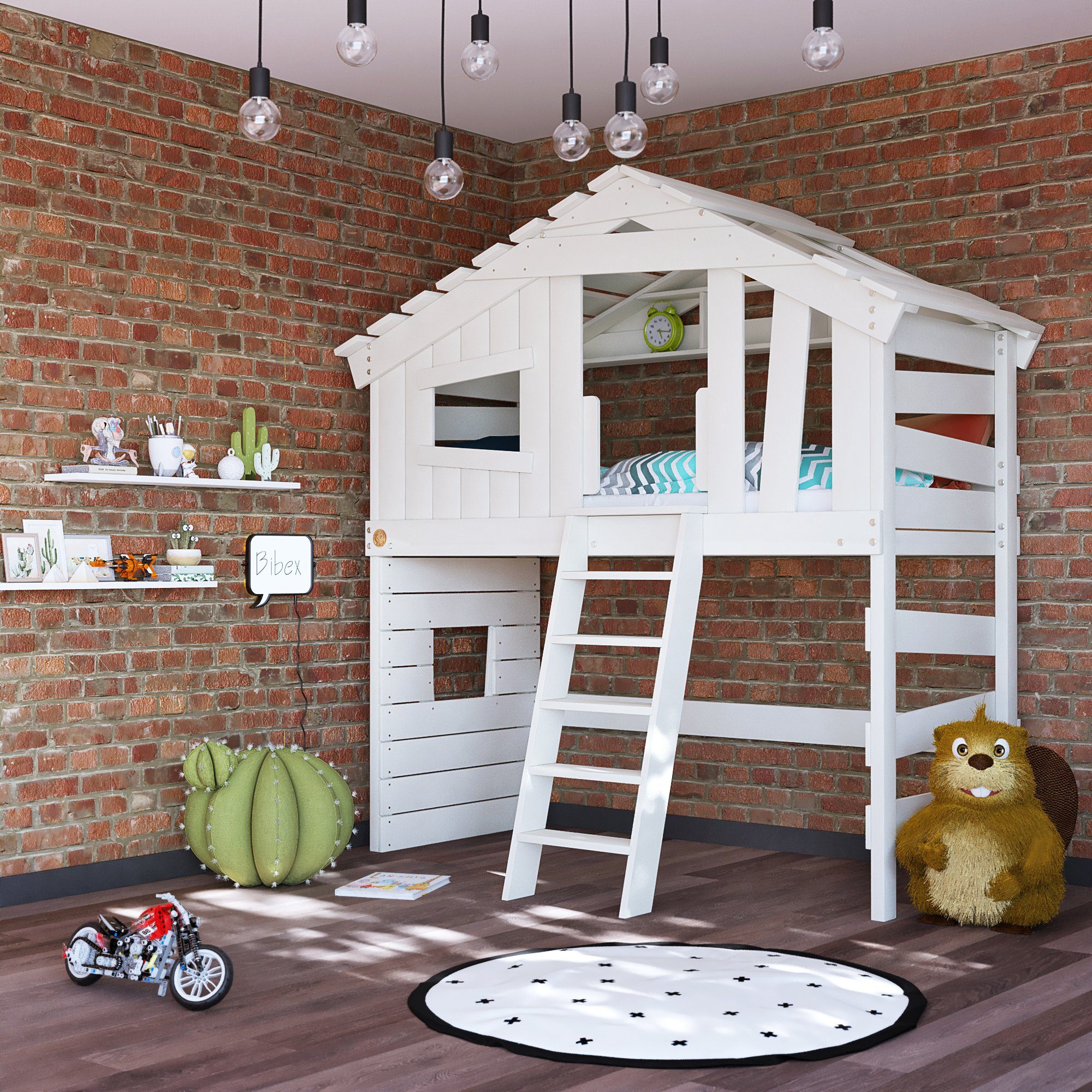bibex Hochbett ALPIN CHALET Hochbett, Kinderbett, Doppelbett - Creme-Beige