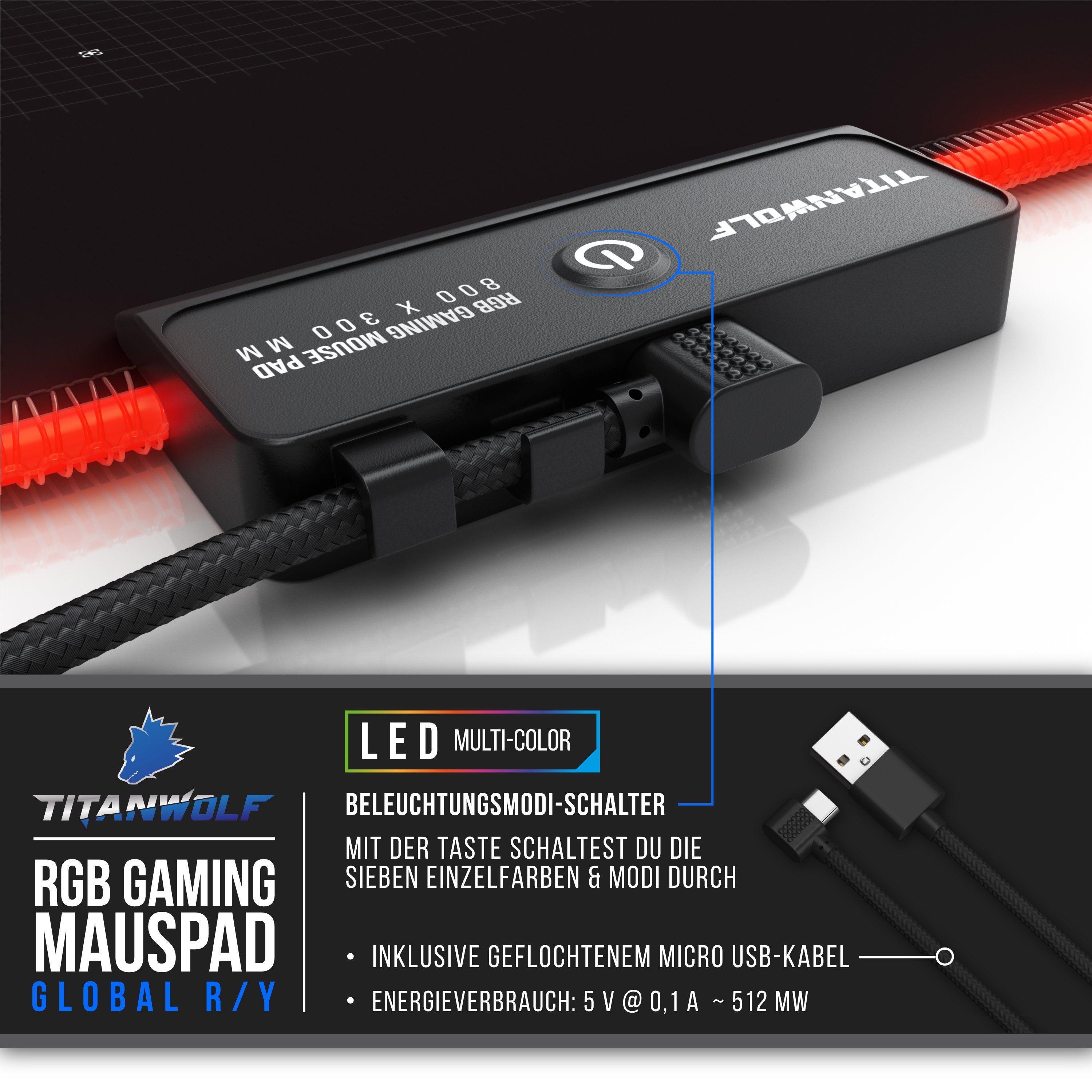 Titanwolf Gaming Mauspad RGB Mousepad 800 x 300 x 3 mm, LED Multi Color XL Tischunterlage, rutschfest, abwaschbar, Geschwindigkeit & Präzision, Weltkarte rot