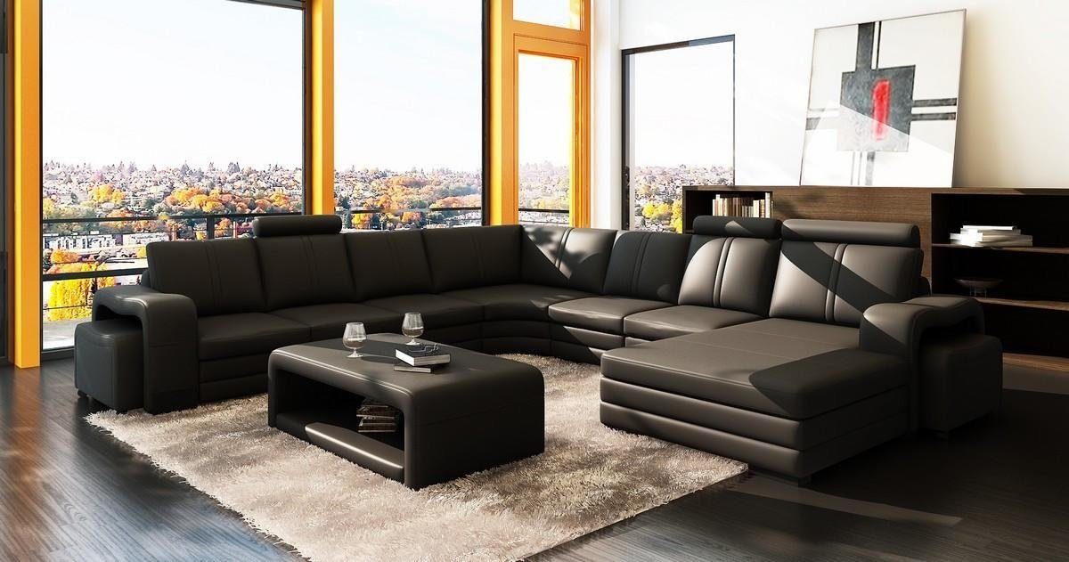JVmoebel Wohnzimmer-Set, Ecksofa U-Form + 2x Hocker + Couchtisch Couch Design Polster Leder Schwarz