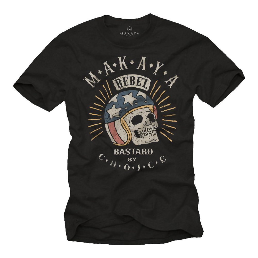 Totenkopf Helm Biker Skull Baumwolle Sprüche Druck, MAKAYA mit Coole Lustige Print-Shirt Motorrad Schwarz Bekleidung aus