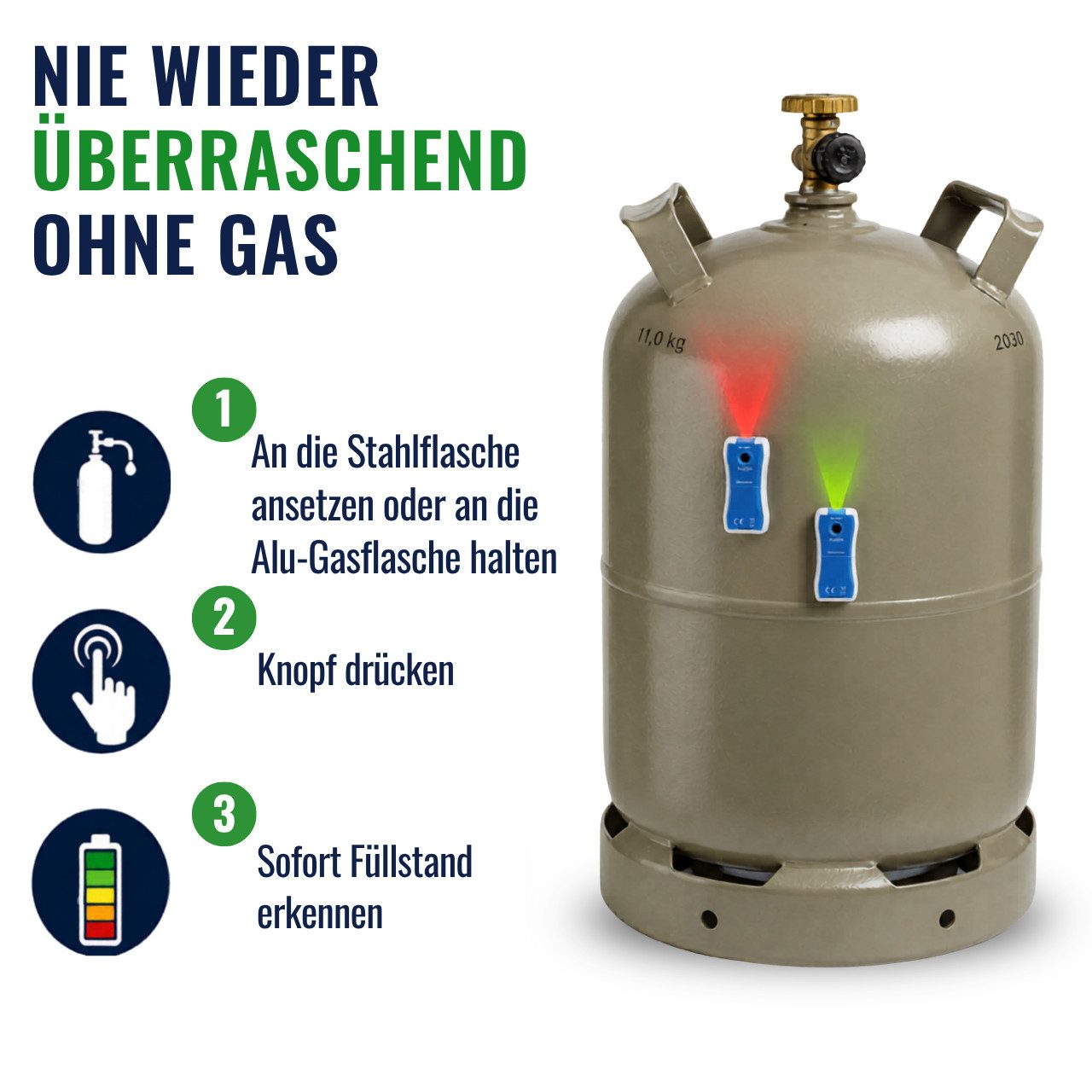 GASLOCK Druckminderer Gasflaschen Füllstandsanzeiger mit Ultraschallsensor & Gasreglerlöser, (Füllstandsanzeiger & Gasflaschenschlüssel für 1/4"-Überwurfmuttern – Bild 2 von 5
