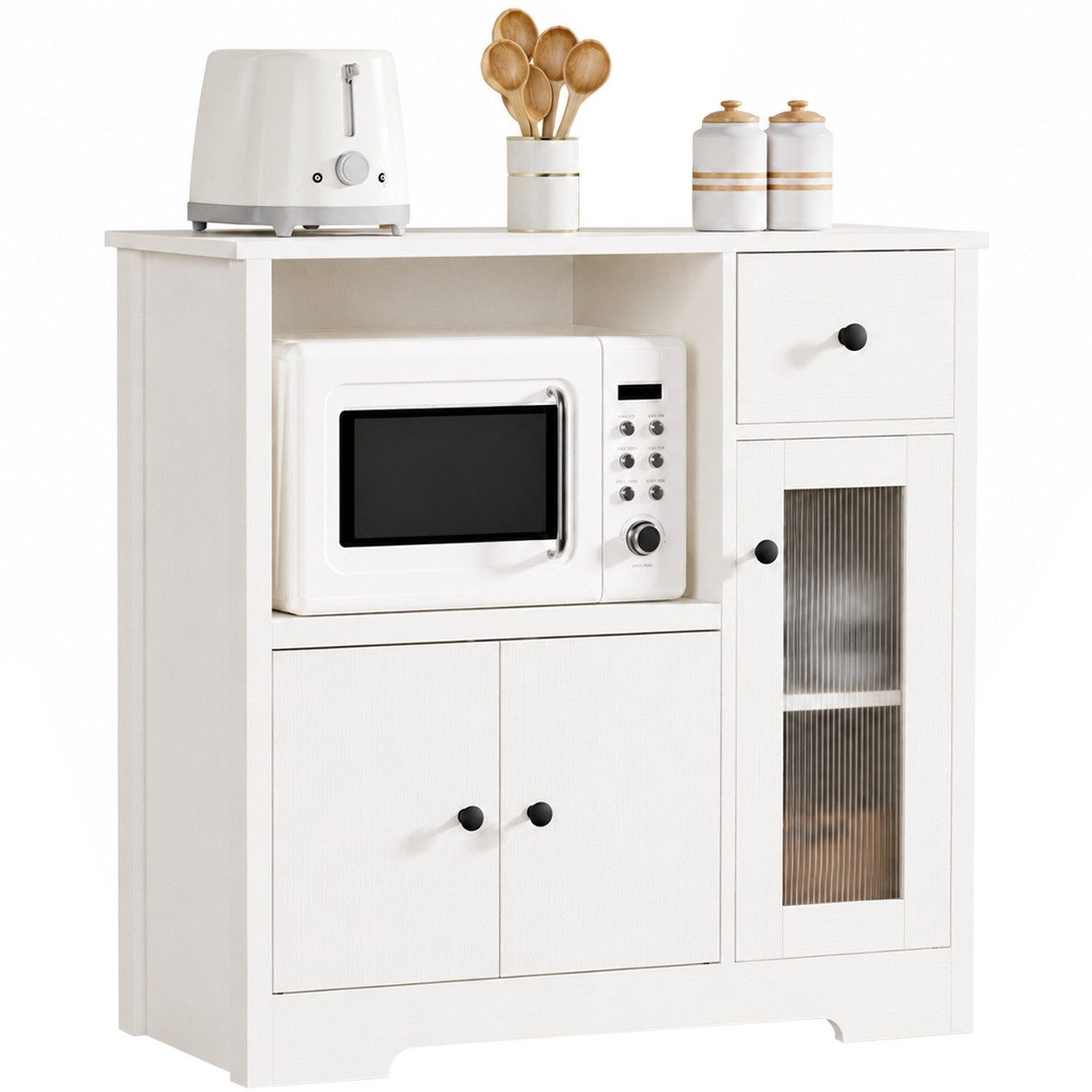 Yorbay Sideboard mit Kabeldurchlass & Acrylglastür, Küchenschrank Vitrine (80×40×80 cm, weiß), für Mikrowelle, Kaffeeecke & Wohnzimmer